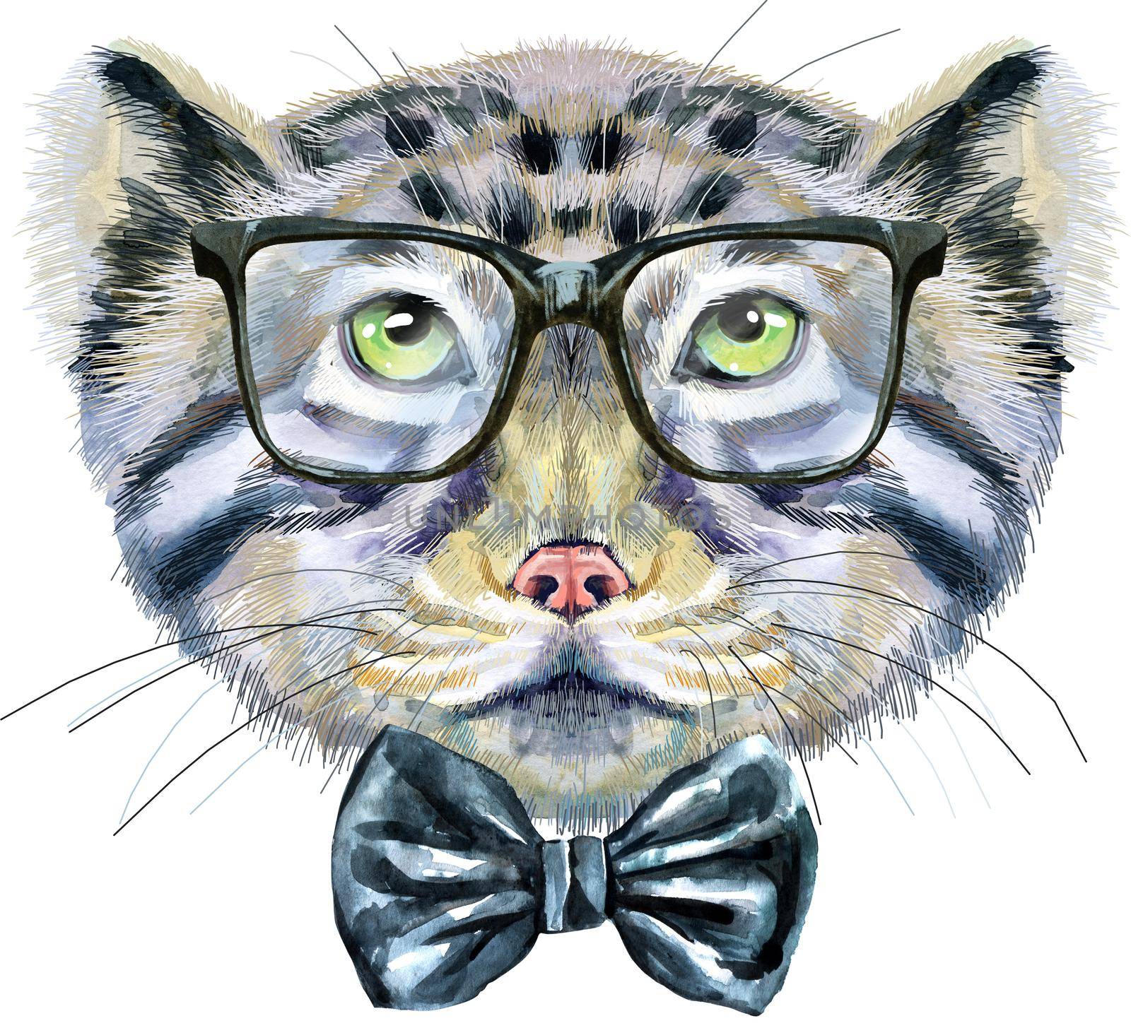 Watercolor portrait of a Manul Cat cat with big black glasses on white background by NataOmsk