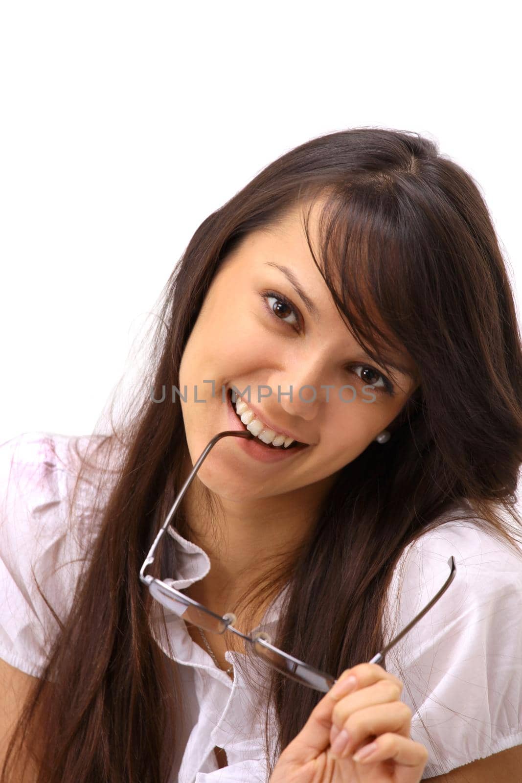 The beautiful business woman with glasses on a white background