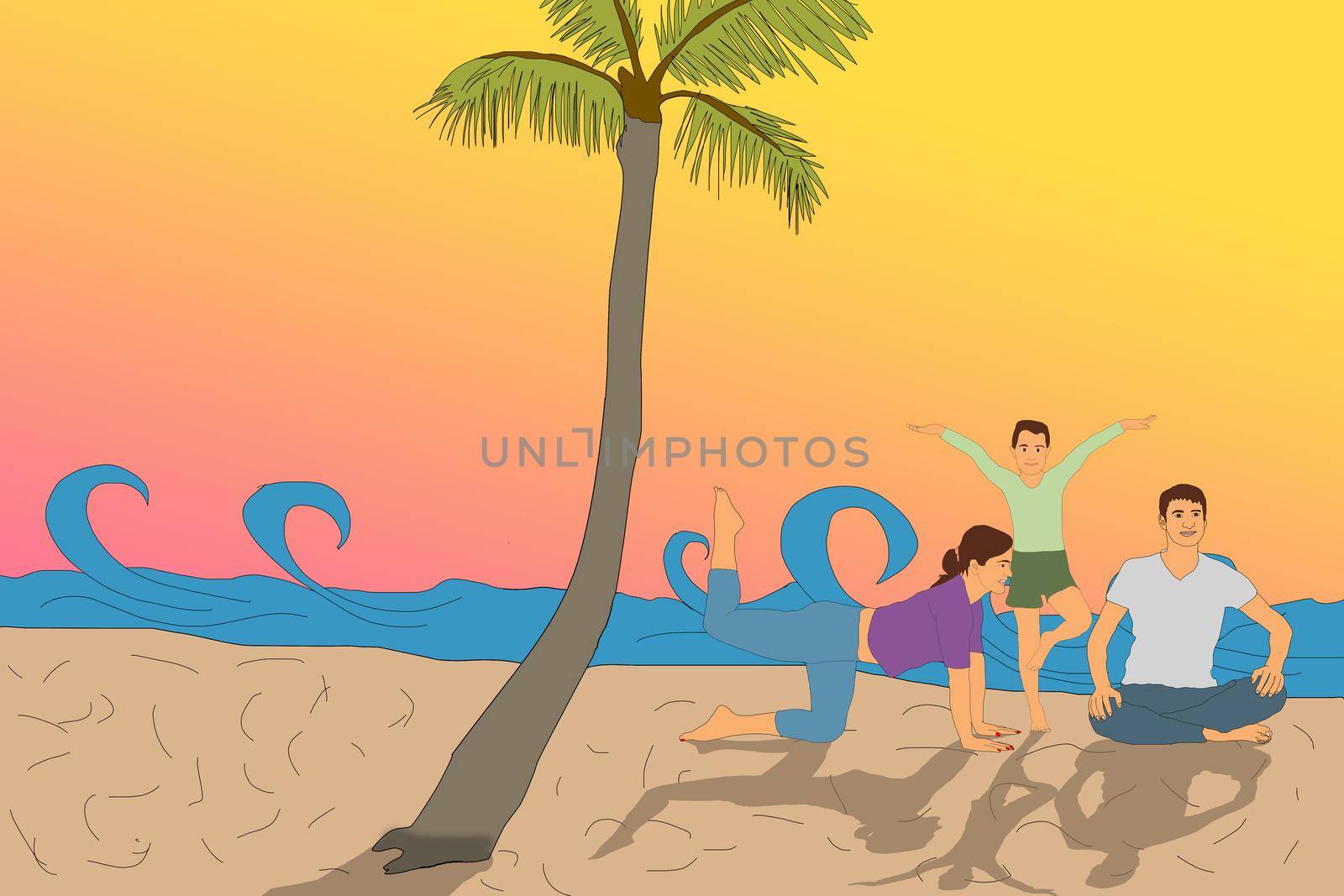 Mother, father and daughter doing yoga in lotus position. Family yoga illustration. Young people relaxing. Summer landscape background background