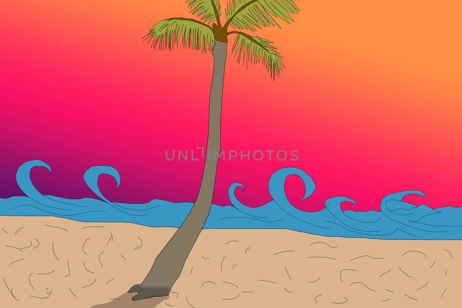 Cartoon flat panoramic landscape, sunset with the palms on colourful background. illustration