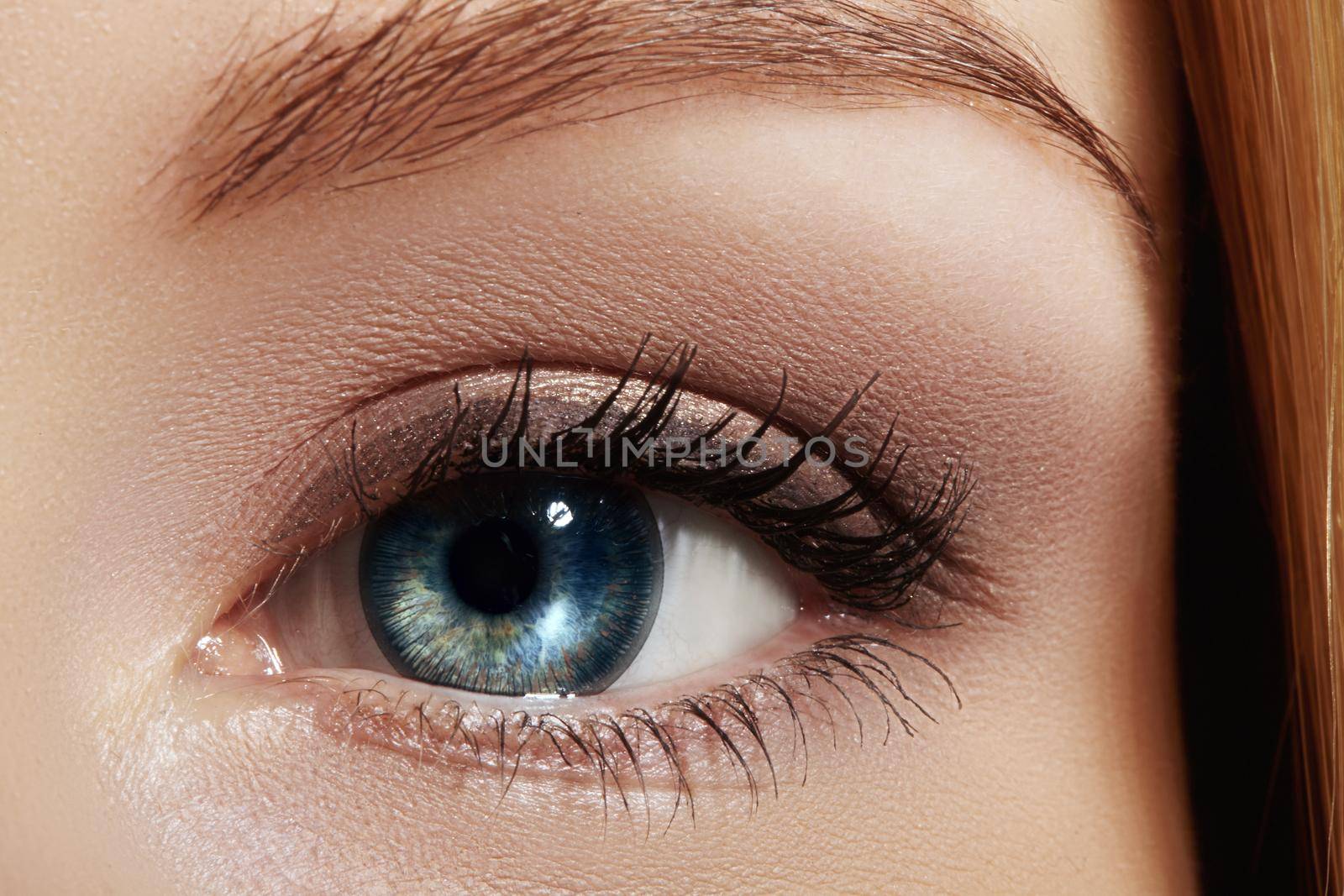 Close-up macro of beautiful female eye with perfect shape eyebrows. Clean skin, fashion naturel make-up. Good vision.