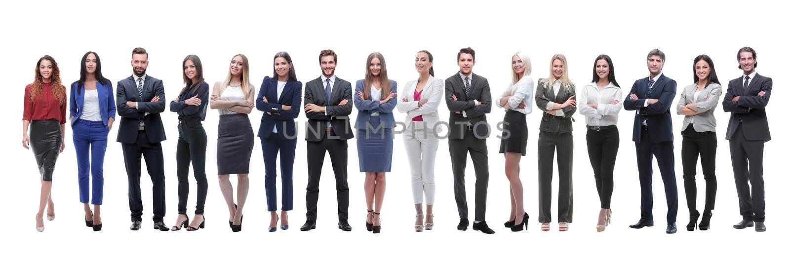 panoramic photo of a group of young entrepreneurs standing in a row . isolated on white