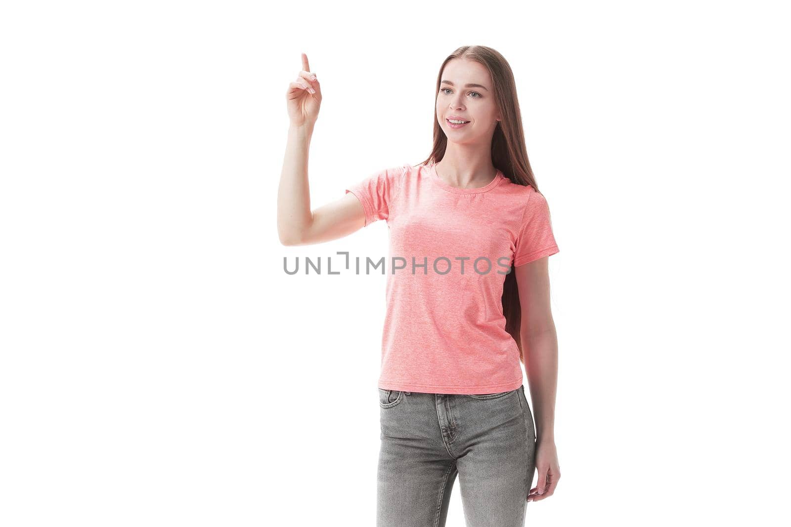 modern young woman showing on copy space.isolated on white.