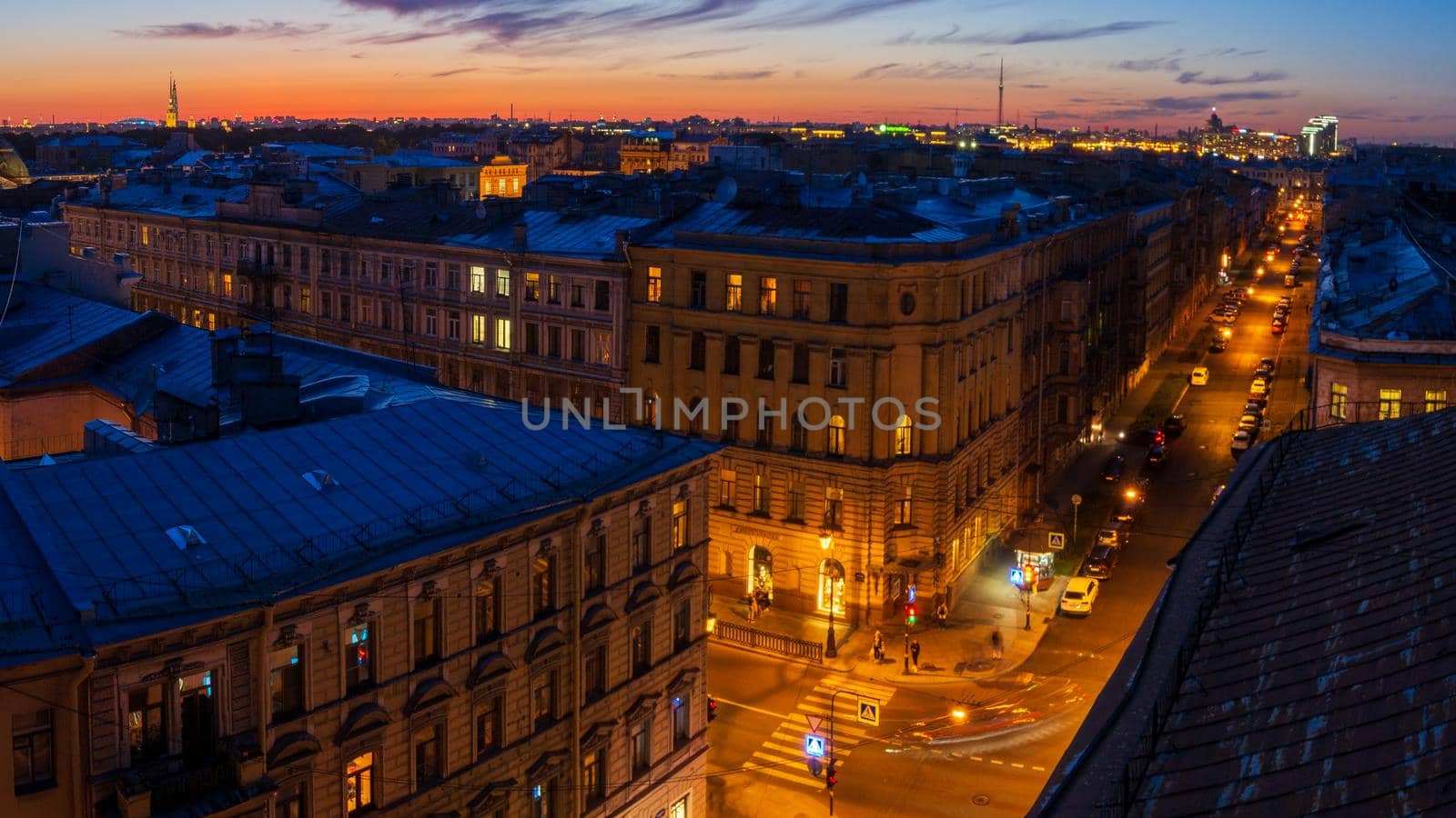 City at sunset. Beautiful evening picturesque summer panorama of St. Petersburg, Russia.