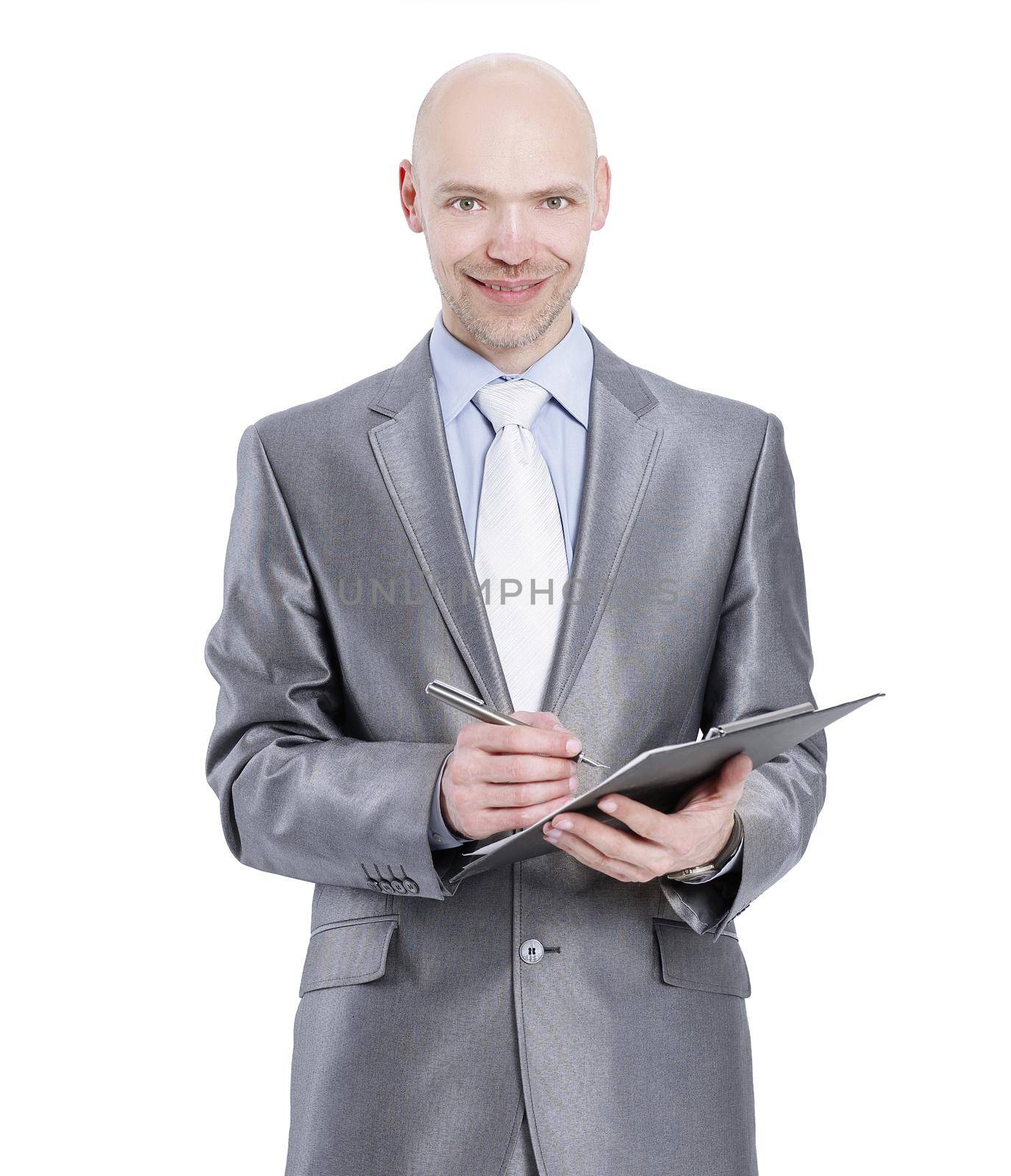 smiling businessman with documents .isolated on white.close-up