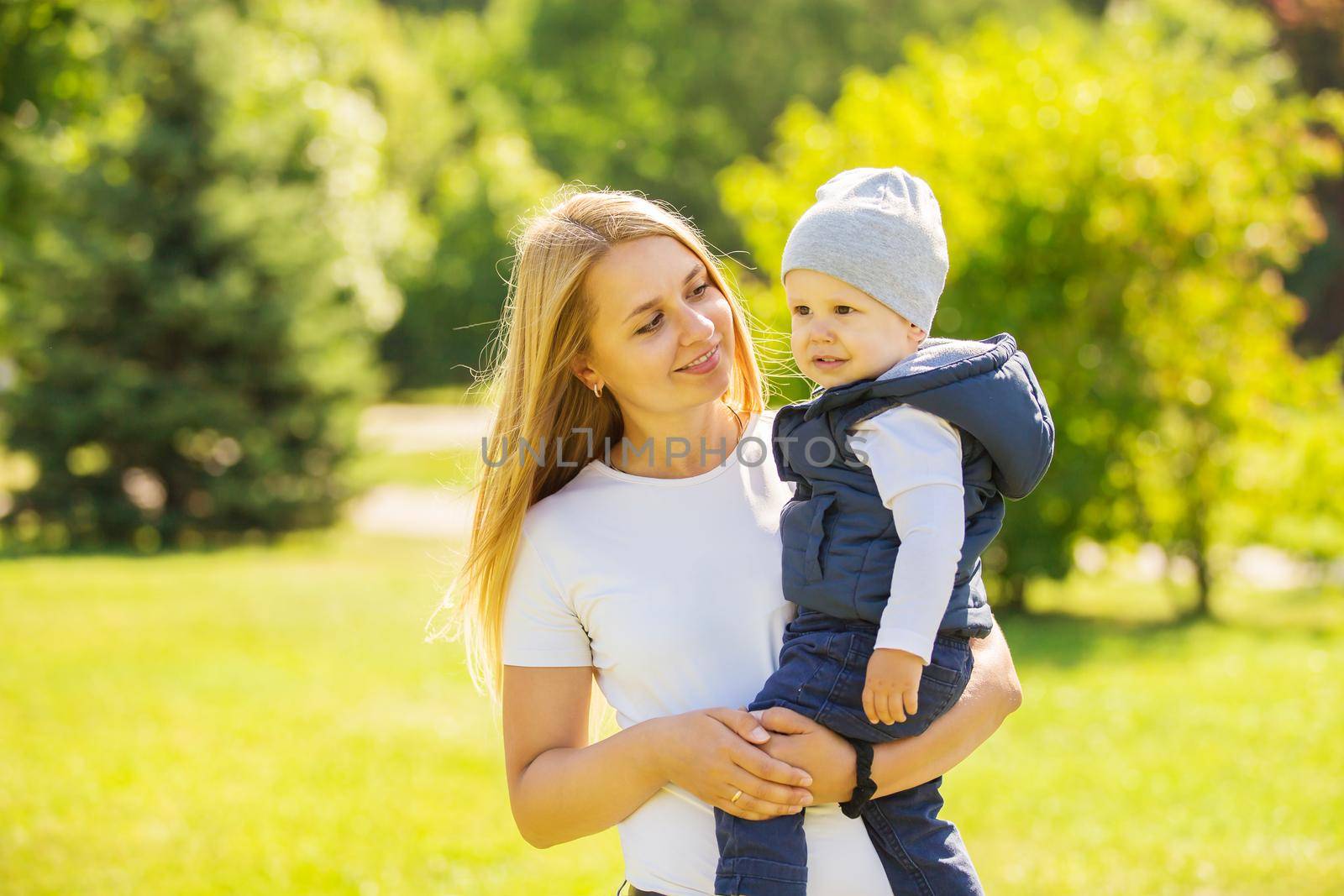 happy mother and son on a walk in the Park