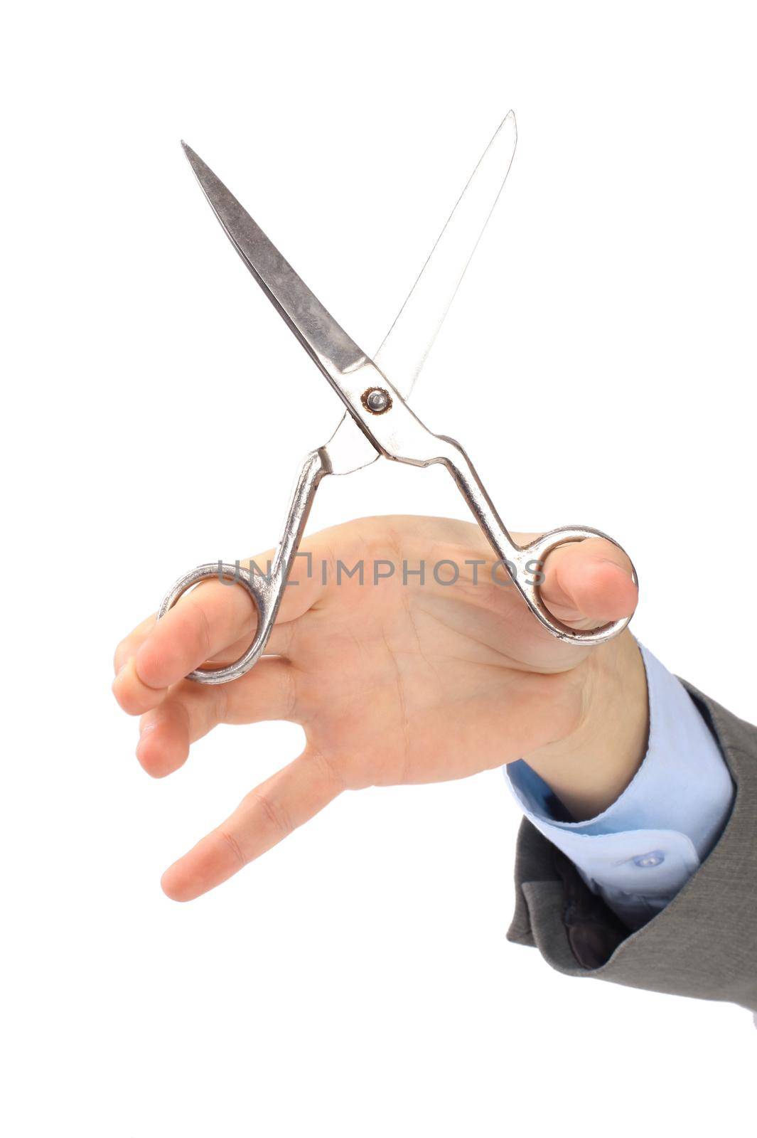 A pair of scissors in his hand the office worker Isolated on white background