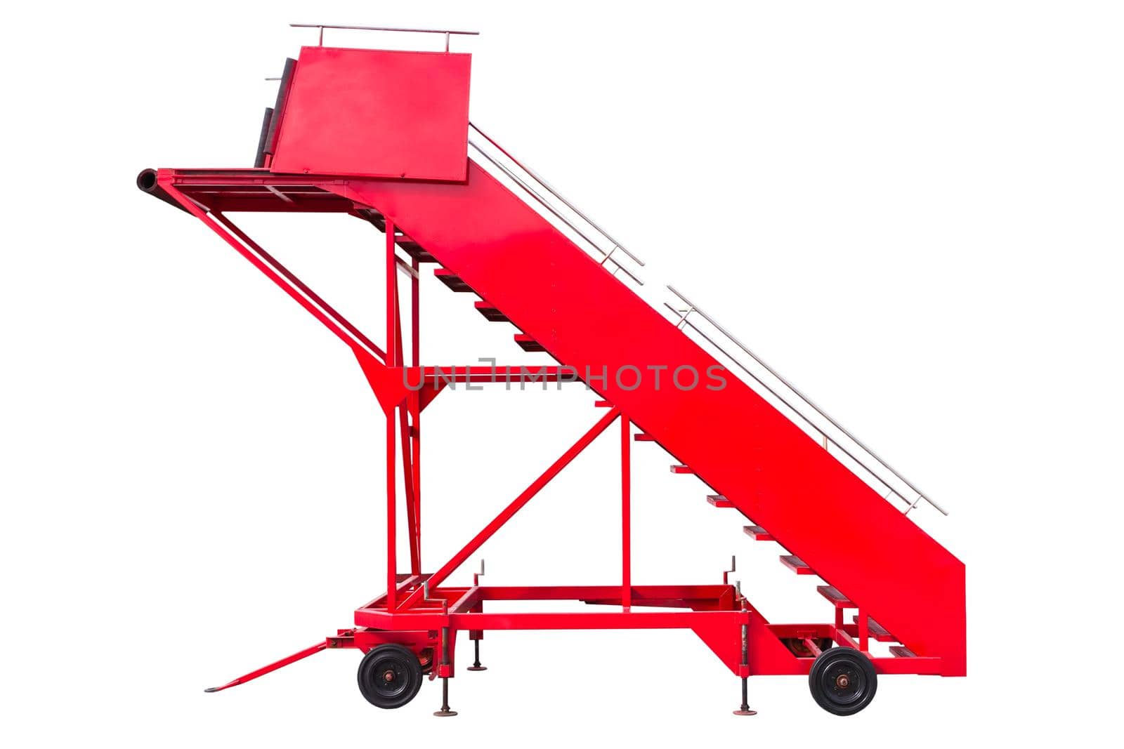 Movable boarding ramp isolated on white background. Passenger's ladder over white background.