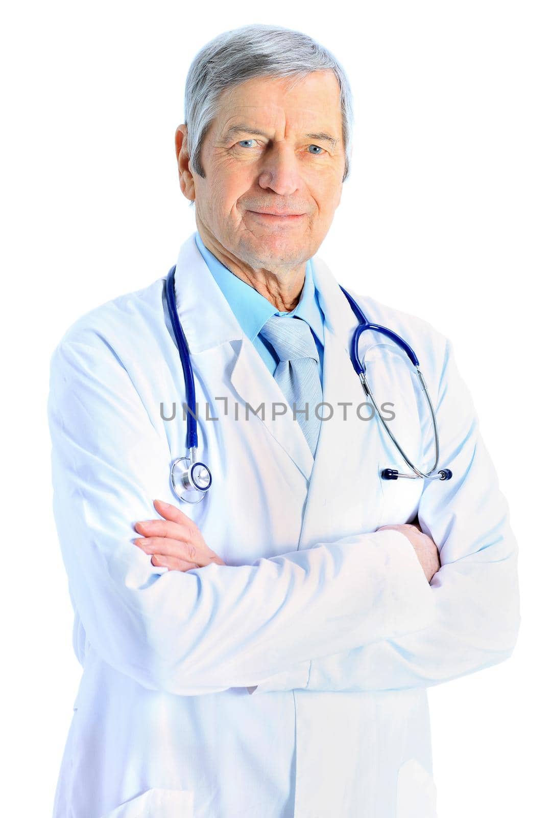 Portrait of confident senior doctor with his hands folded on whi by SmartPhotoLab