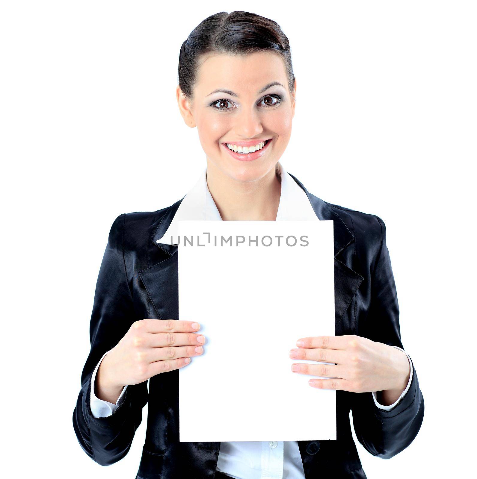 Beautiful business woman with a white banner. Isolated on a white background. by SmartPhotoLab