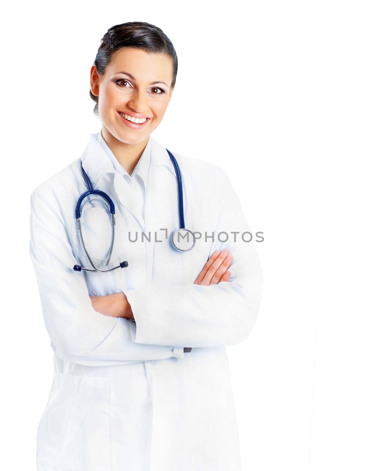 Attractive woman doctor. Isolated on a white background.