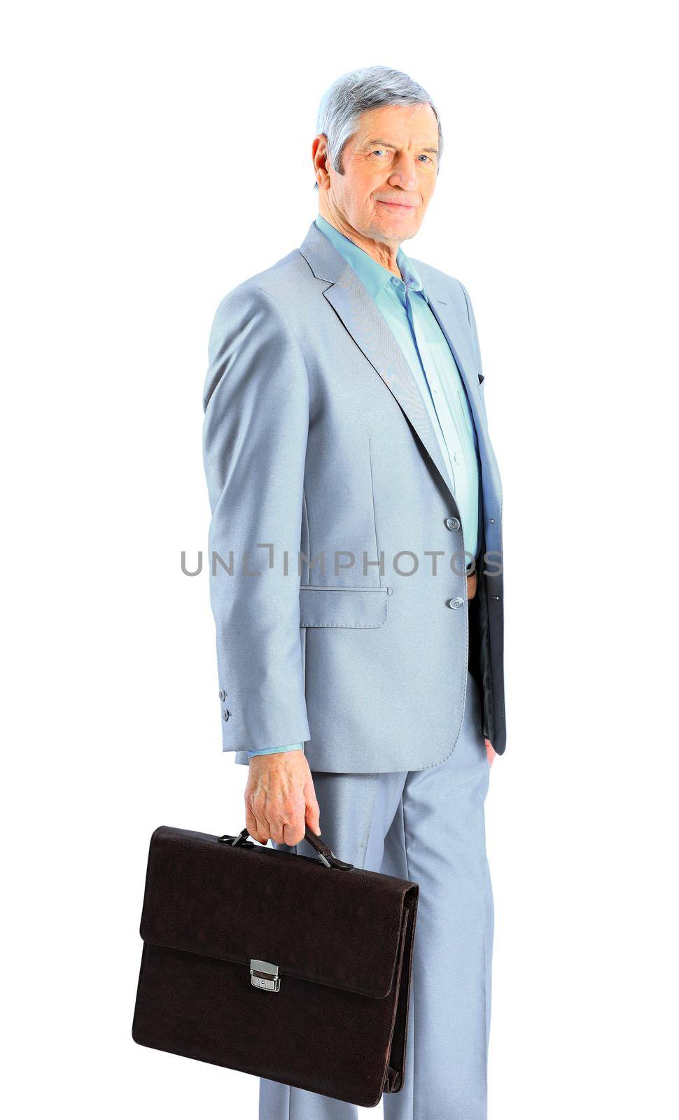 Nice businessman at the age, with a portfolio of. Isolated on a white background. by SmartPhotoLab