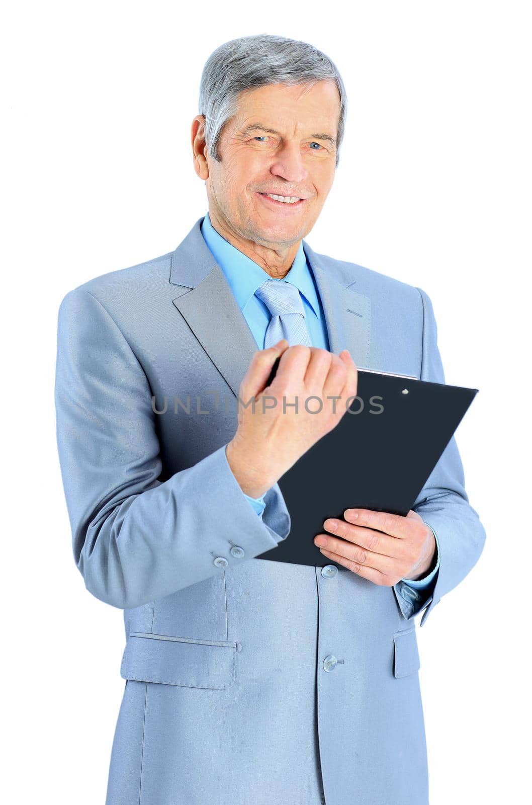 Nice businessman at the age, studying the work plan. Isolated on a white background. by SmartPhotoLab