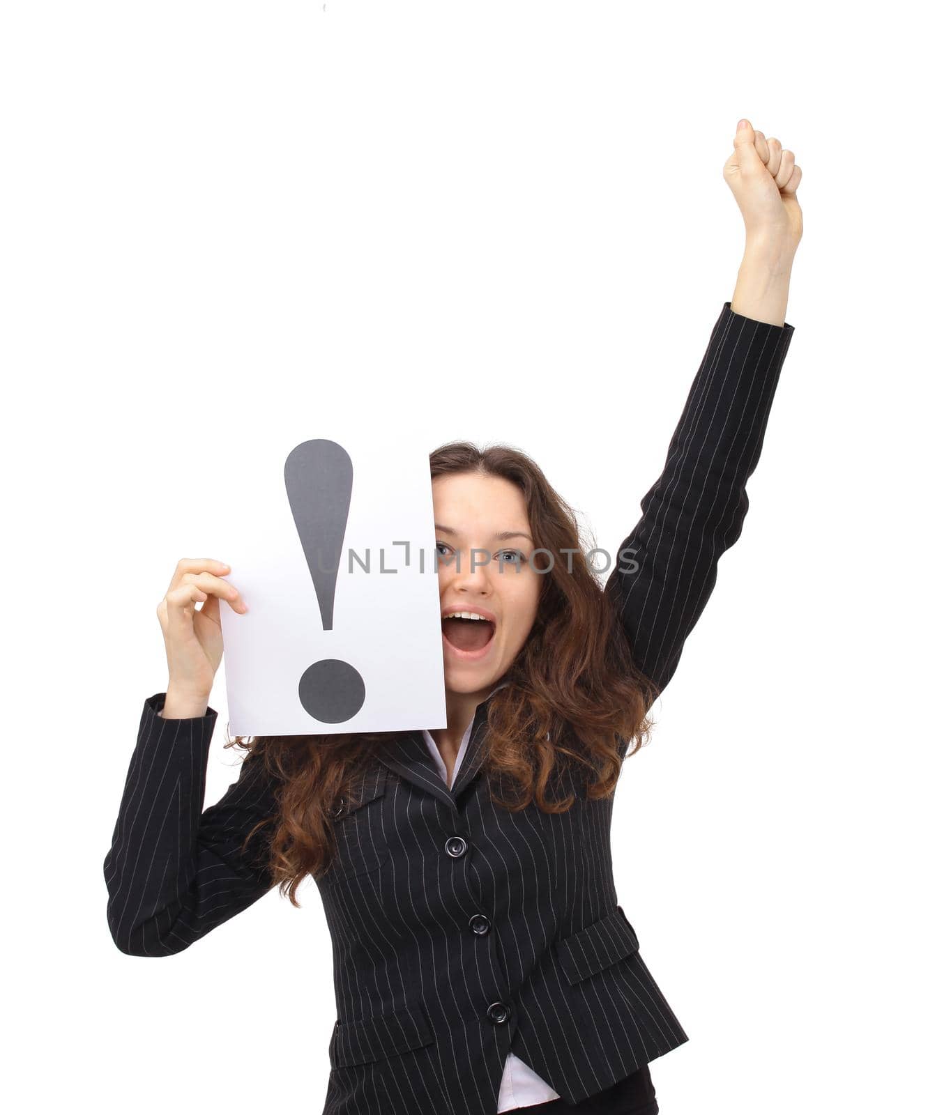 Woman pointing excited at blank card sign with copy space. Woman in white shirt isolated on white background by SmartPhotoLab