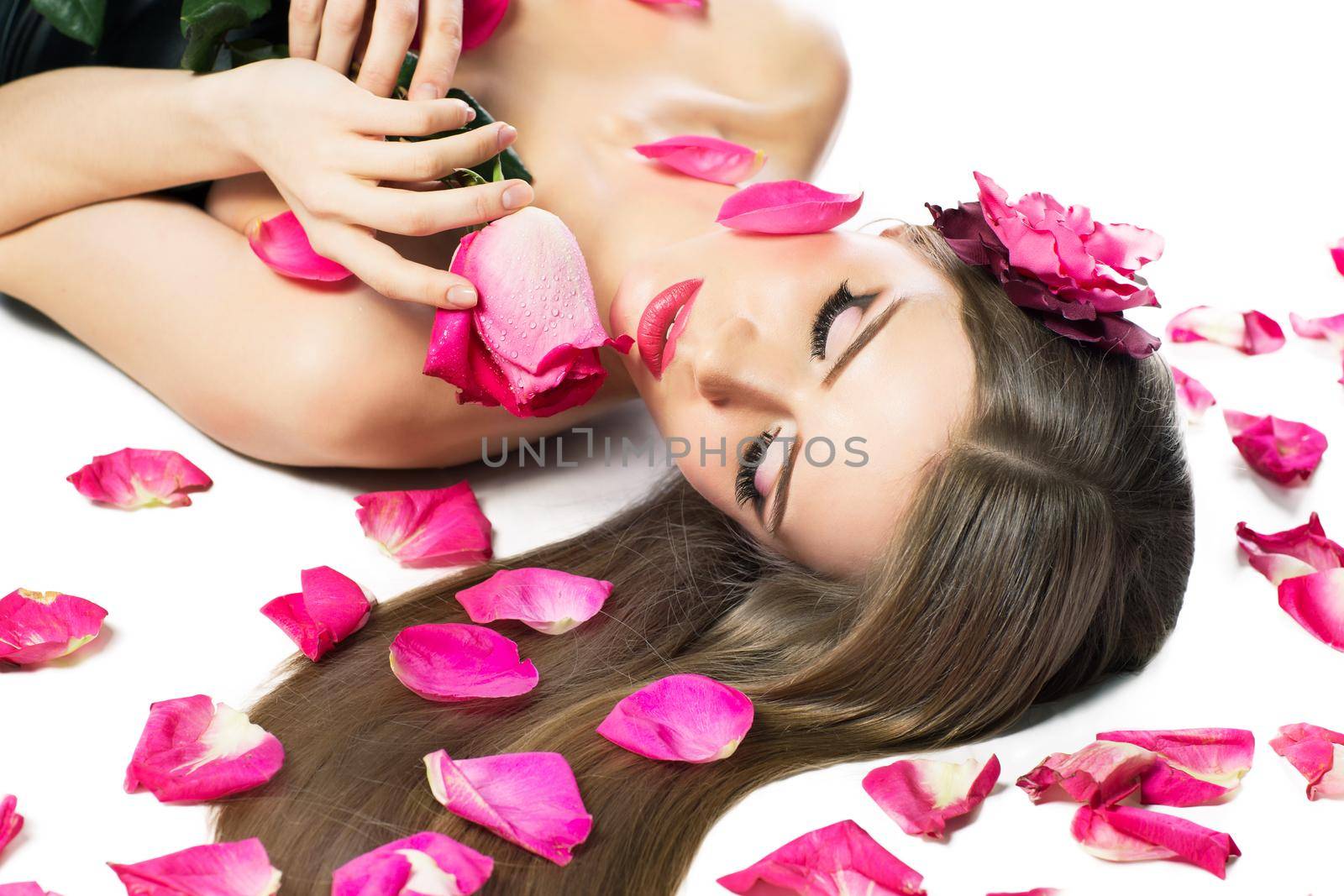Beautiful girl model isolated on white background.