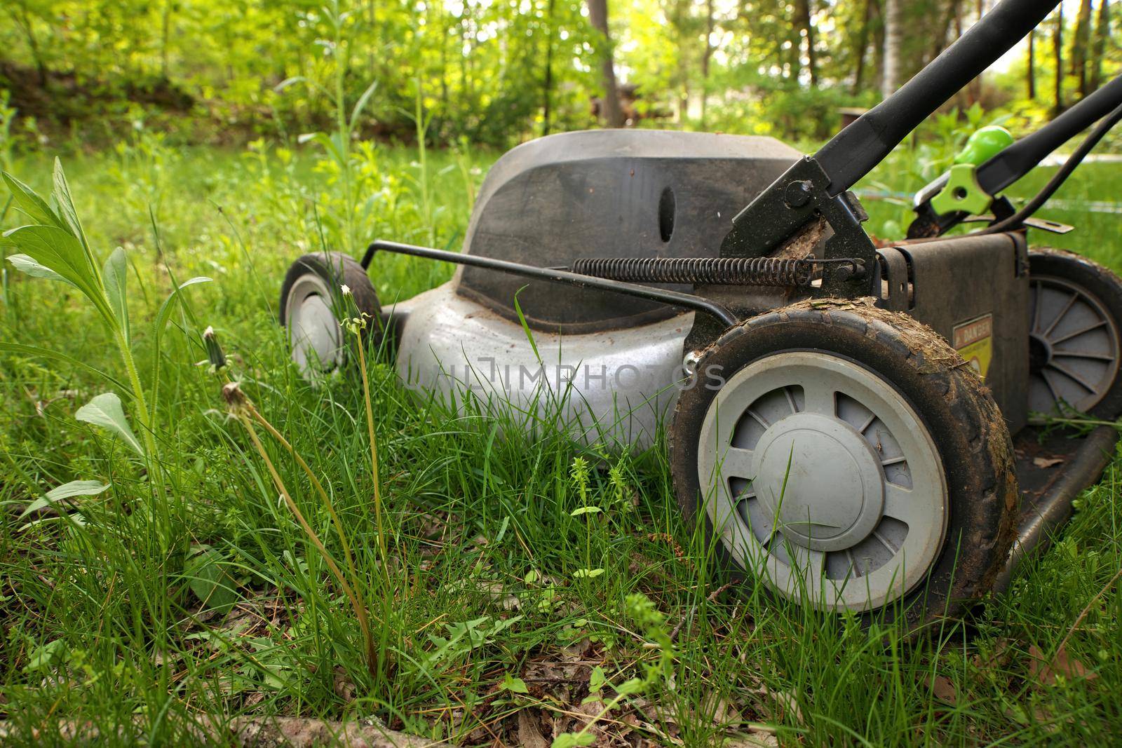 Low Angle Close-up of a lawnmower ready to be cutting long grass or illustrating concept of avoiding cutting to help bees and pollinators. High quality photo