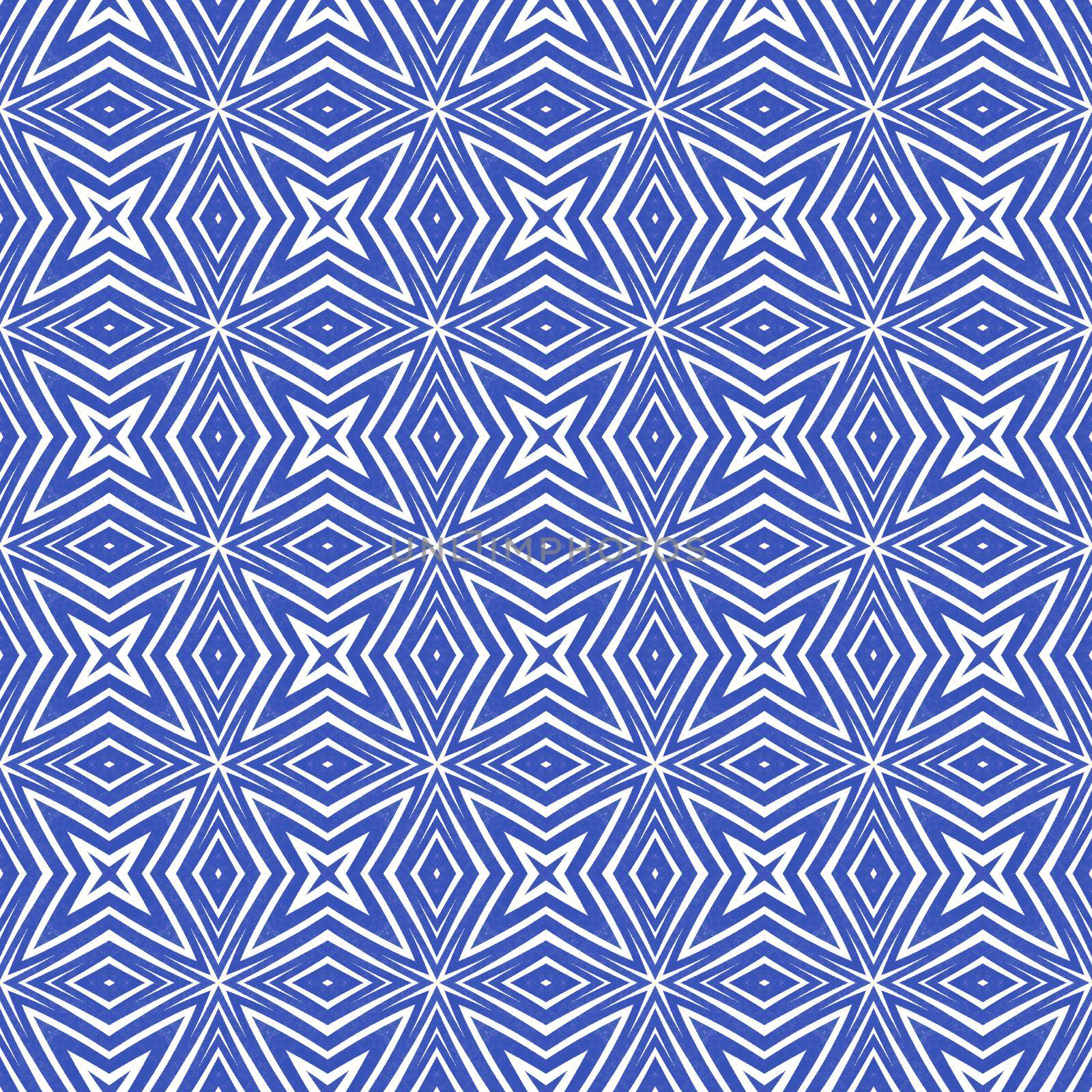 Ikat repeating swimwear design. Indigo symmetrical kaleidoscope background. Textile ready classy print, swimwear fabric, wallpaper, wrapping. Summer ikat sweamwear pattern.