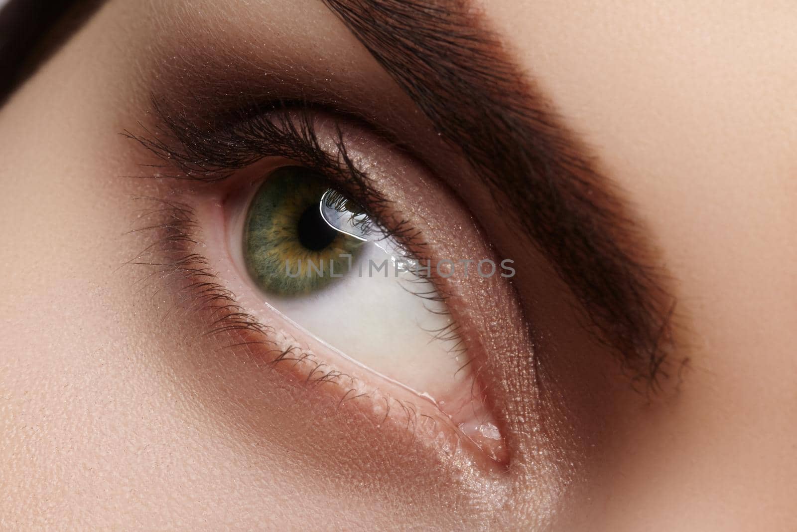 Close-up macro of beautiful female eye with perfect shape eyebrows. Clean skin, fashion naturel smoky make-up, sexy eyes. Good vision.
