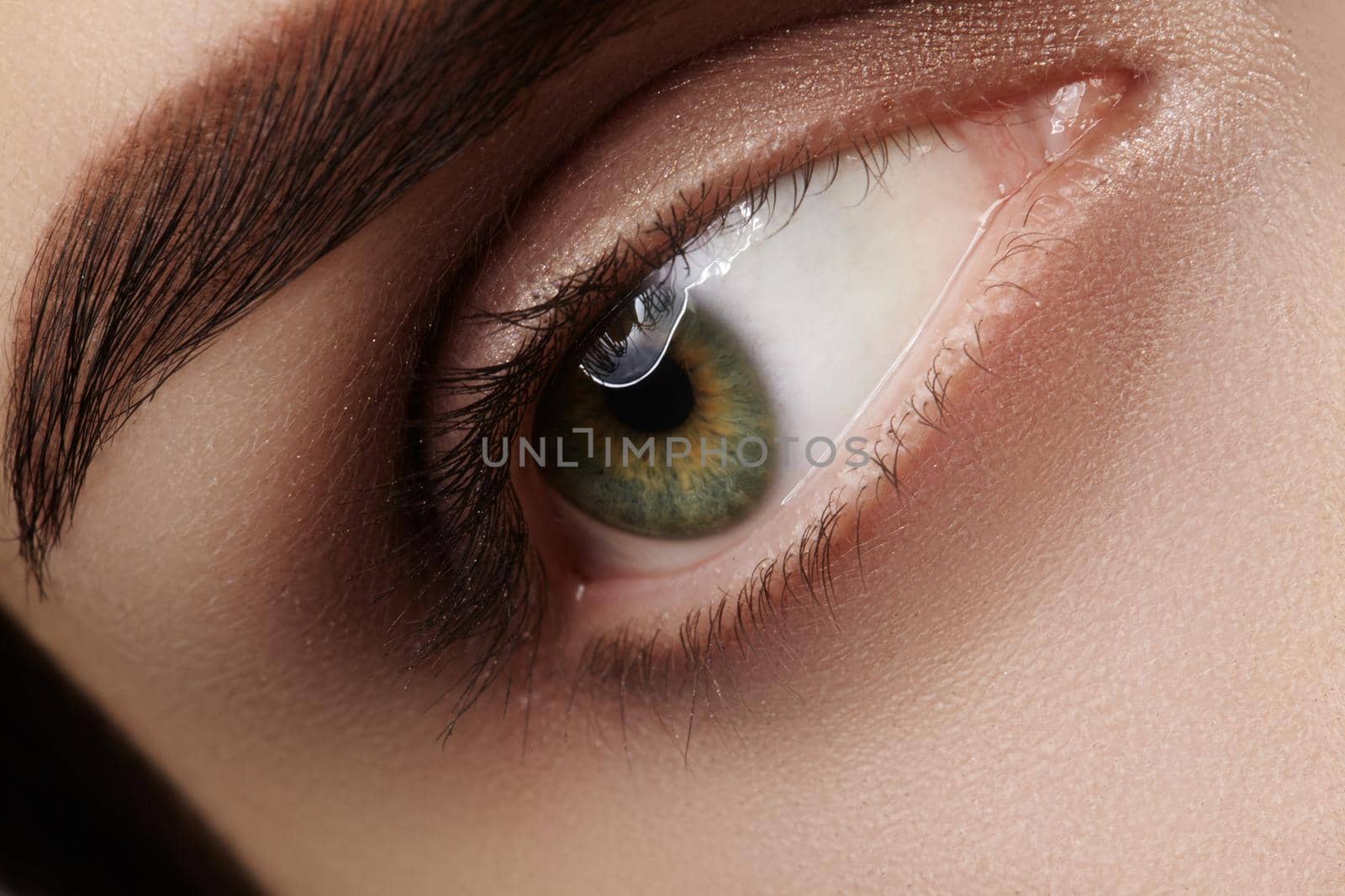 Close-up macro of beautiful female eye with perfect shape eyebrows. Clean skin, fashion naturel smoky make-up, sexy eyes. Good vision.