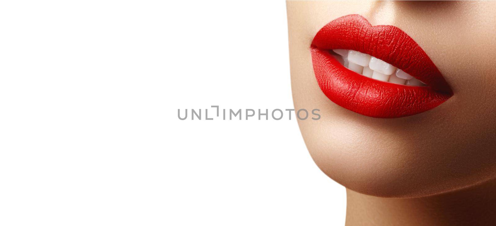 Cosmetics, makeup. Bright lipstick on lips. Closeup of beautiful female mouth with red and pink lip makeup. Part of face by MarinaFrost