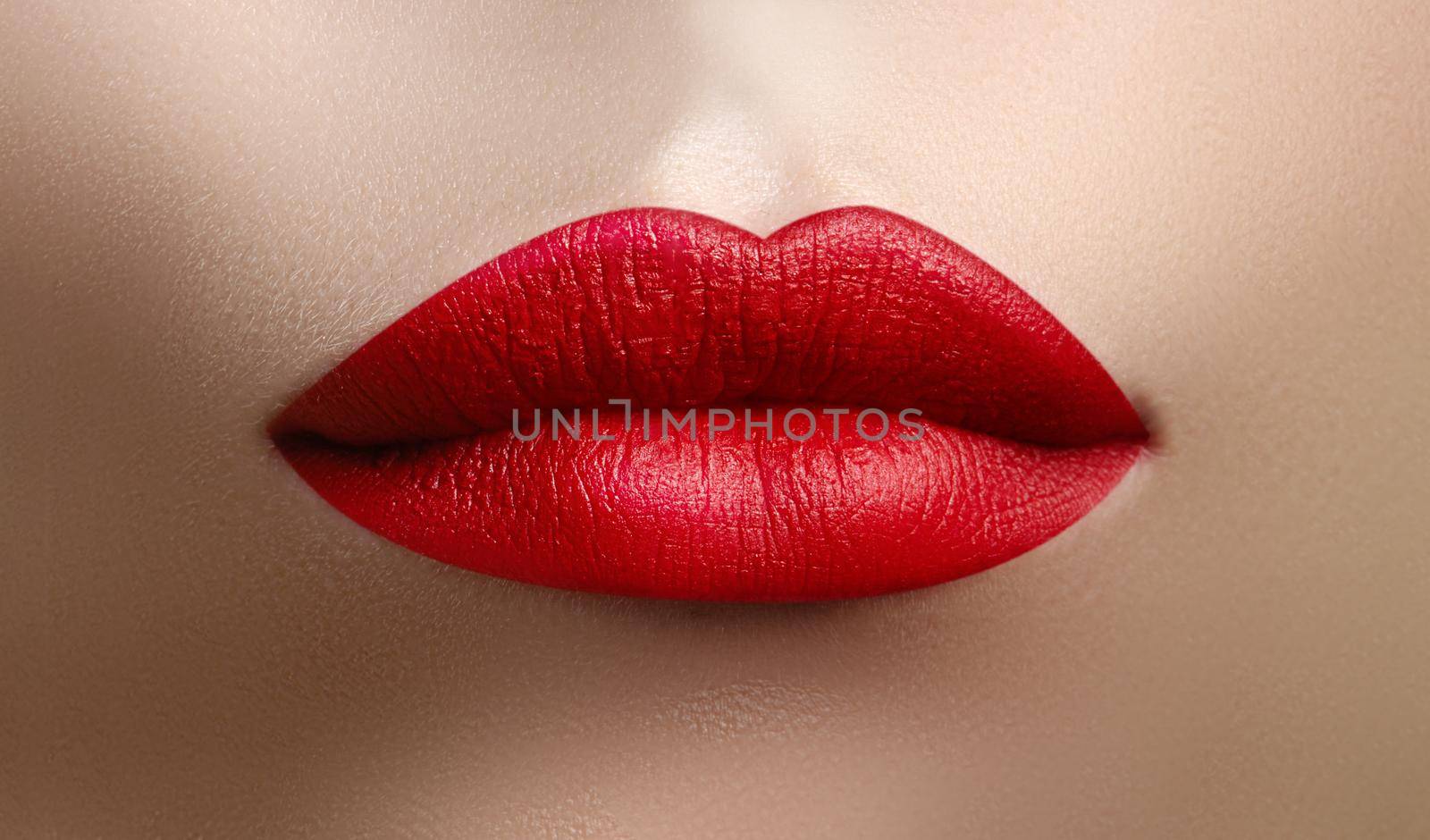 Cosmetics, makeup. Bright lipstick on lips. Closeup of beautiful by MarinaFrost