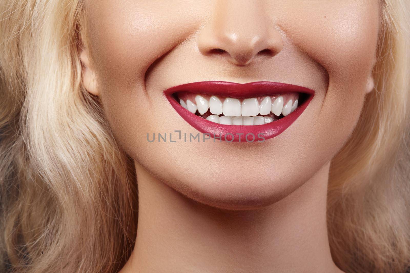 Dental Beauty. Beautiful Macro of perfect White Teeth. Sexy Fashion Lip Red Makeup. Whitening Tooth, Wellness Treatment by MarinaFrost