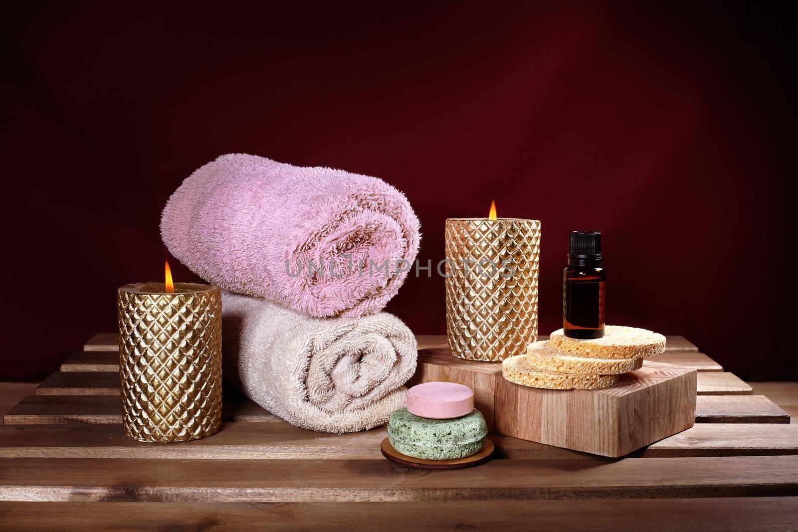 Beautiful Spa. Aroma Therapy with Herbal Oil, Natural Soap and Relaxation Candles. Wooden Color and Warming Towels by MarinaFrost
