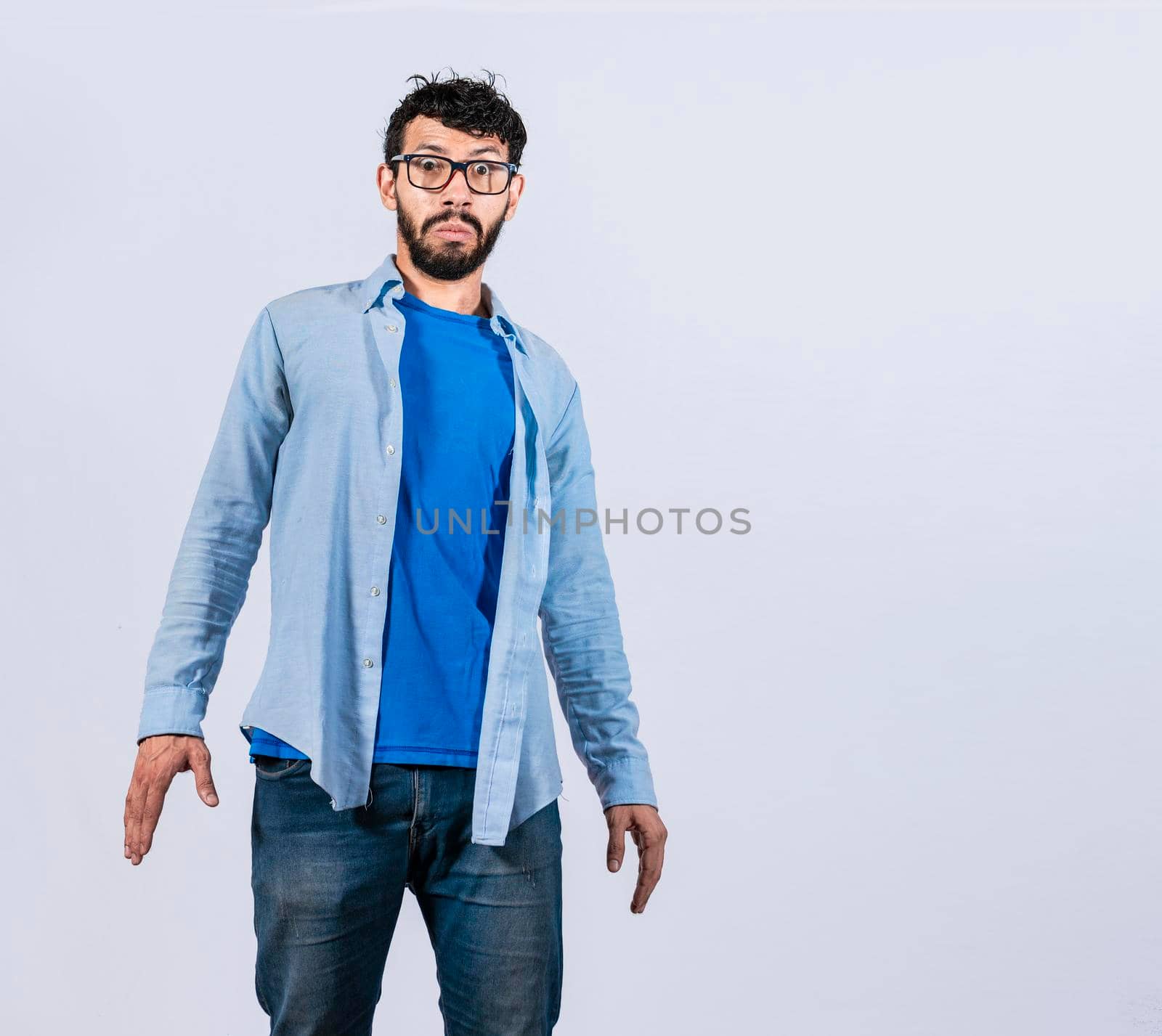 Surprised bearded man looking into the camera, surprised and discovered young man looking at the camera, discovered man with a surprised face