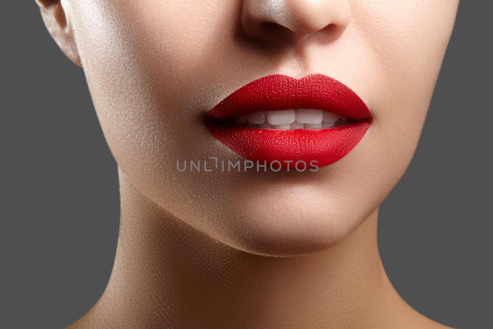 Sexy Part of Female Face with Plump Red Lips, Perfect Chin Shapes and Smooth Skin. Fashion Lip Make-up by MarinaFrost