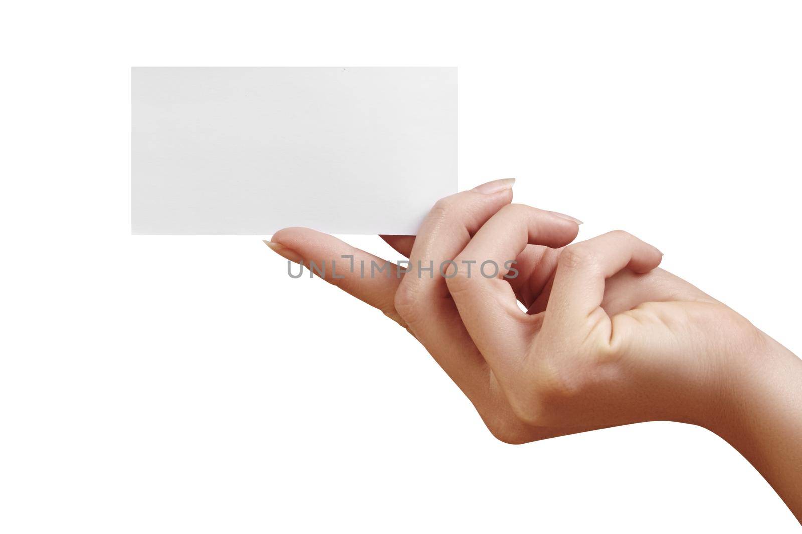 Beautiful female Hand holding paper business card on white background. Gift card, cutaway, graphic design.