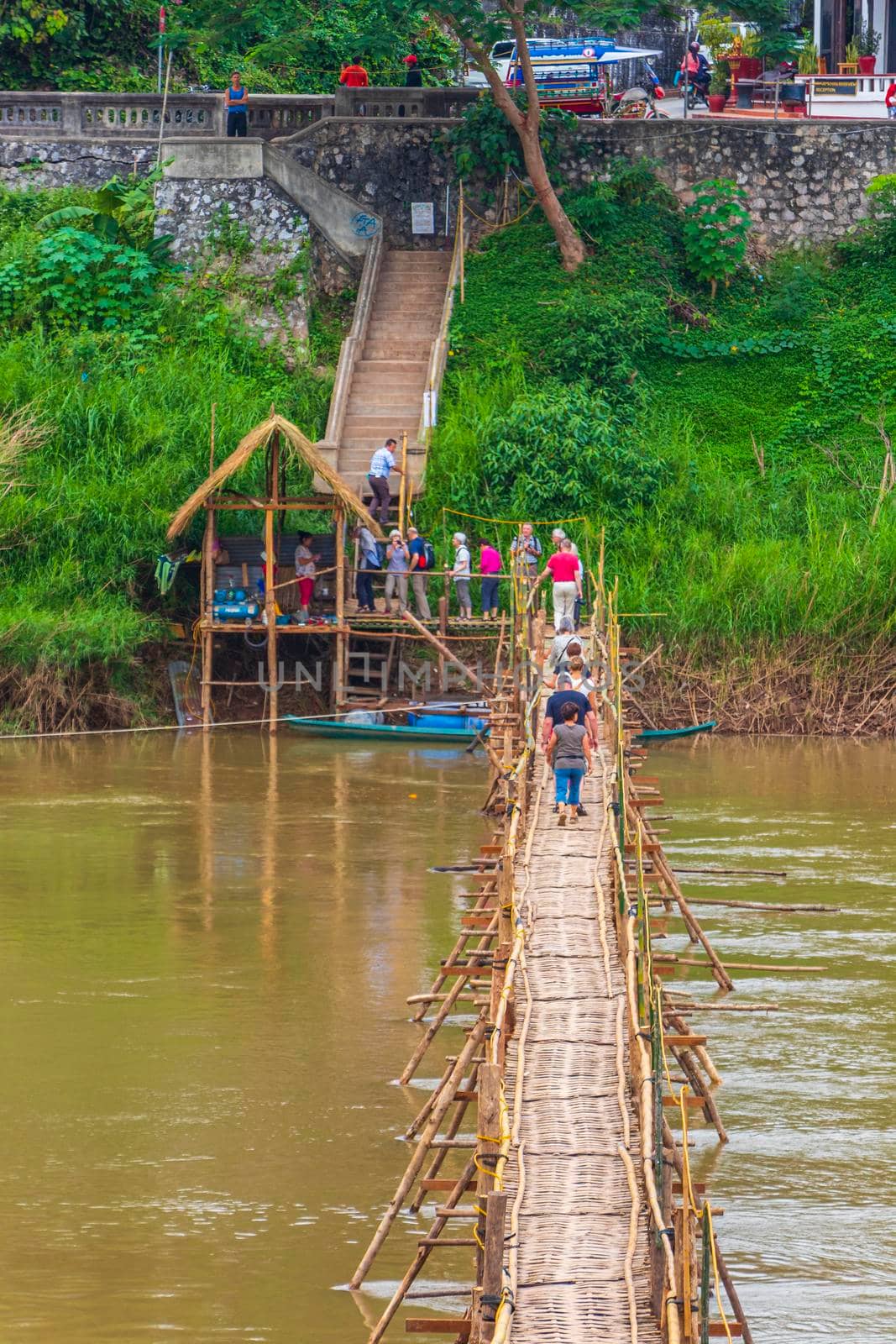 Luang Prabang Laos 21. November 2018 All year construction of Bamboo Bridge Gate over Mekong River in Luang Prabang Laos.