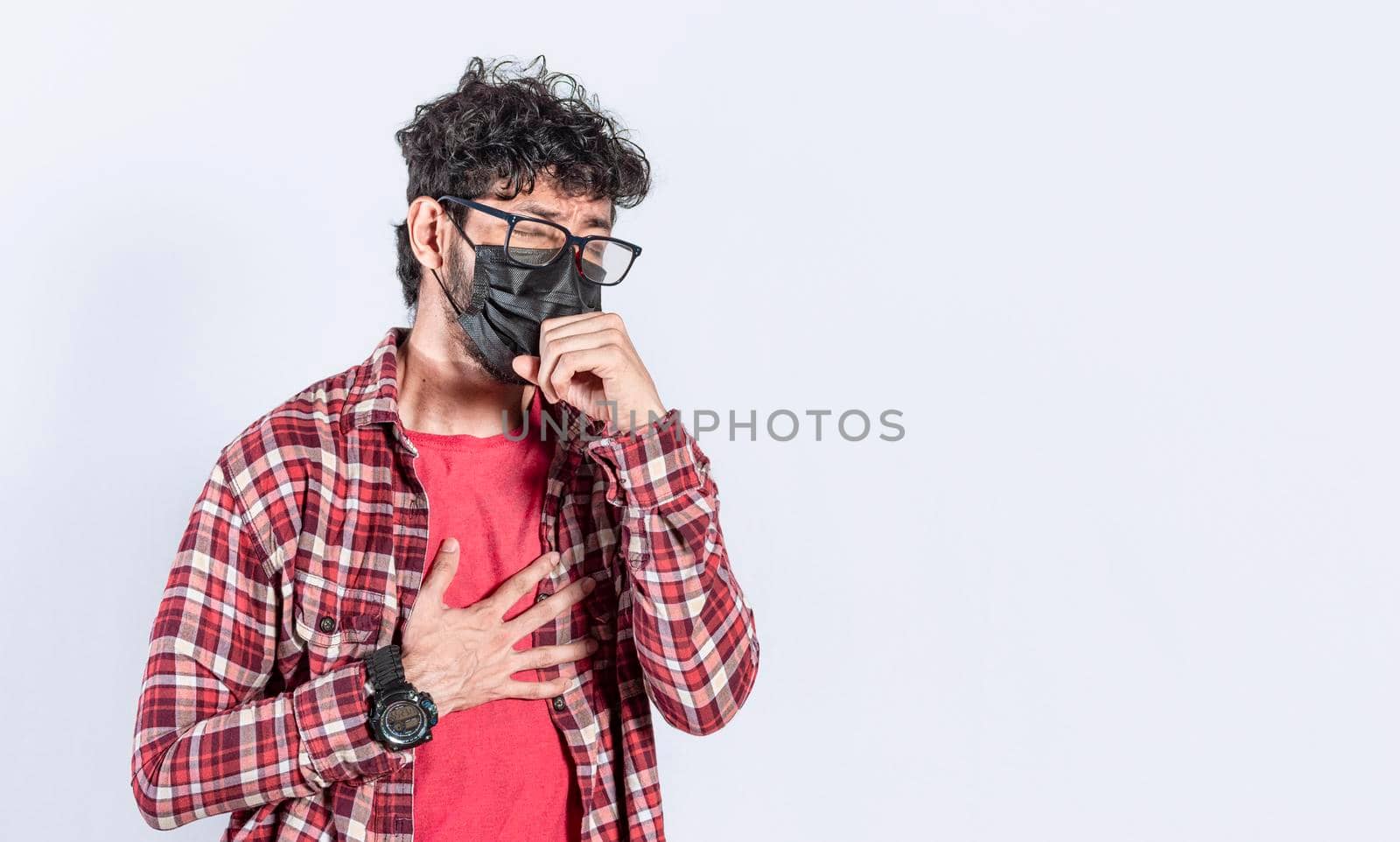 Man coughing with surgical mask, coronavirus outbreak, social distancing and respiratory problems concept