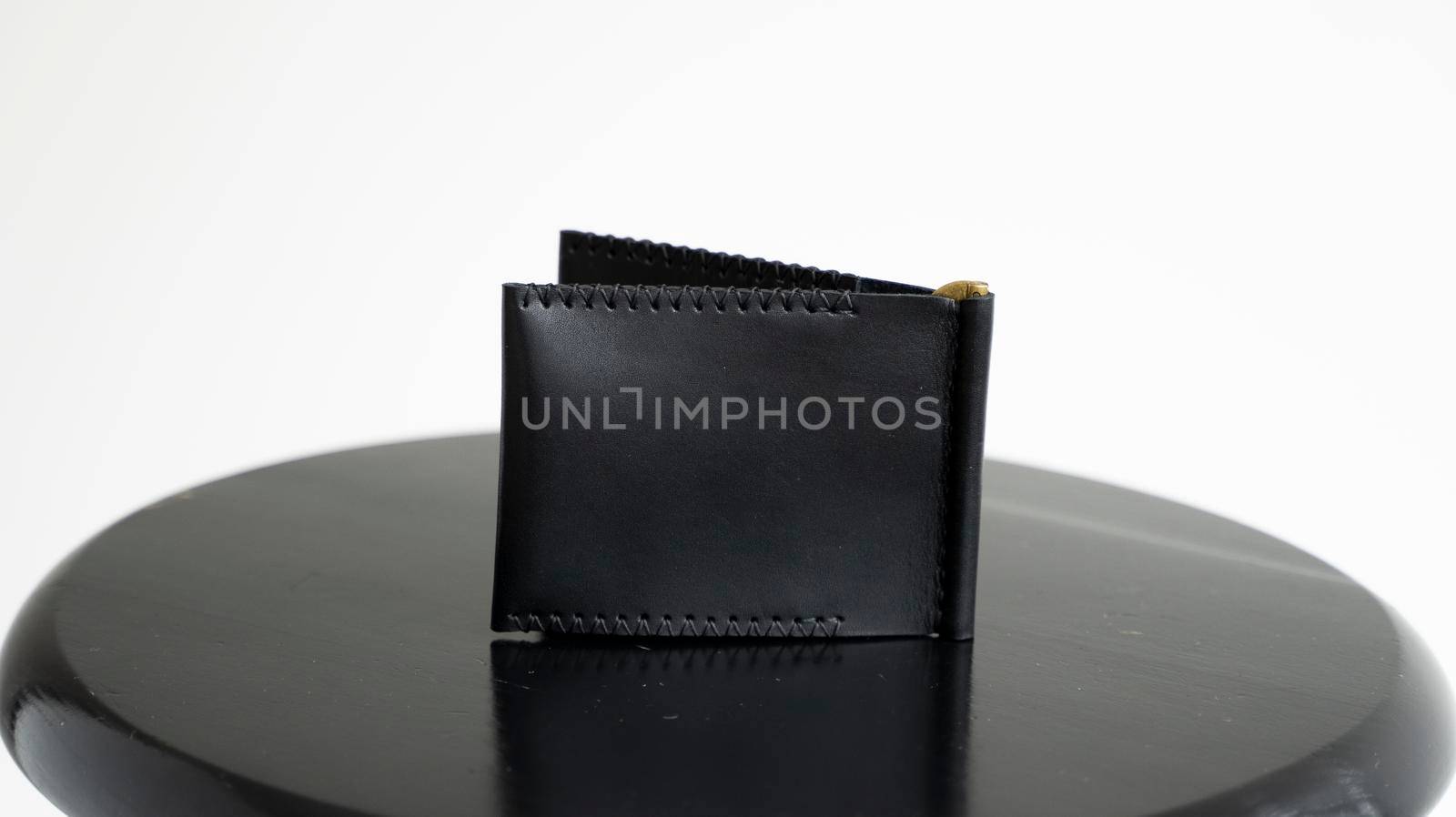 Black men's money clip handmade leather wallet. Empty money clip wallet with a two pockets for cards. by vovsht