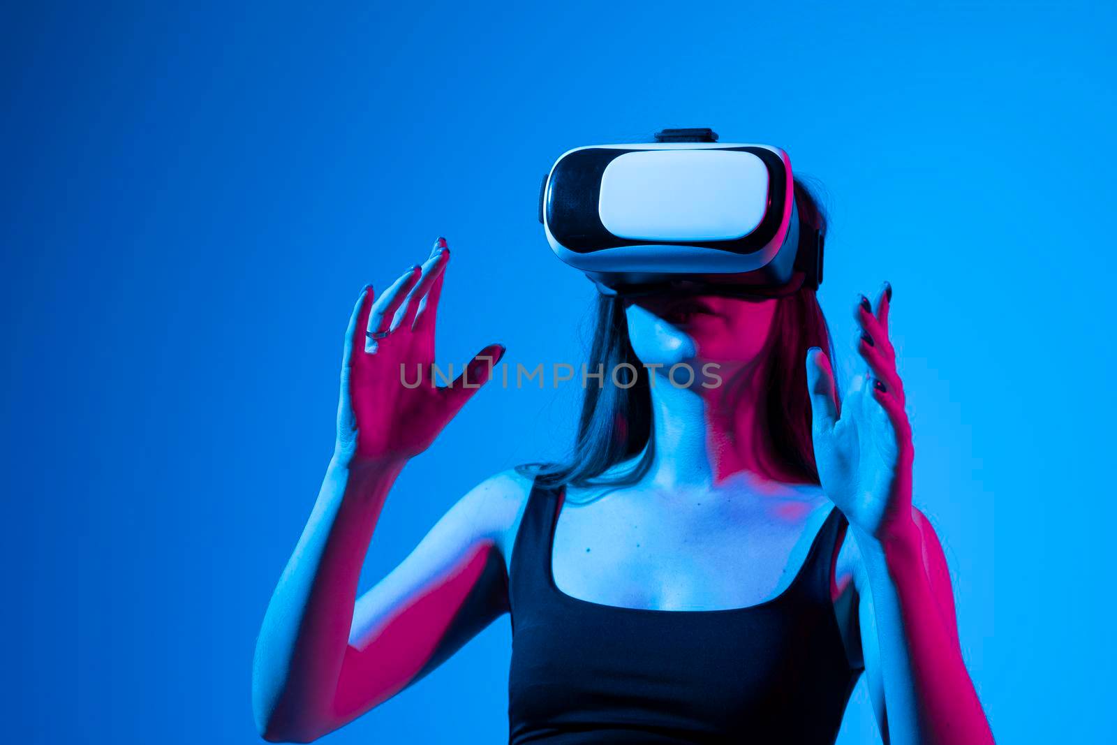 Woman with glasses of virtual reality. Future technology concept