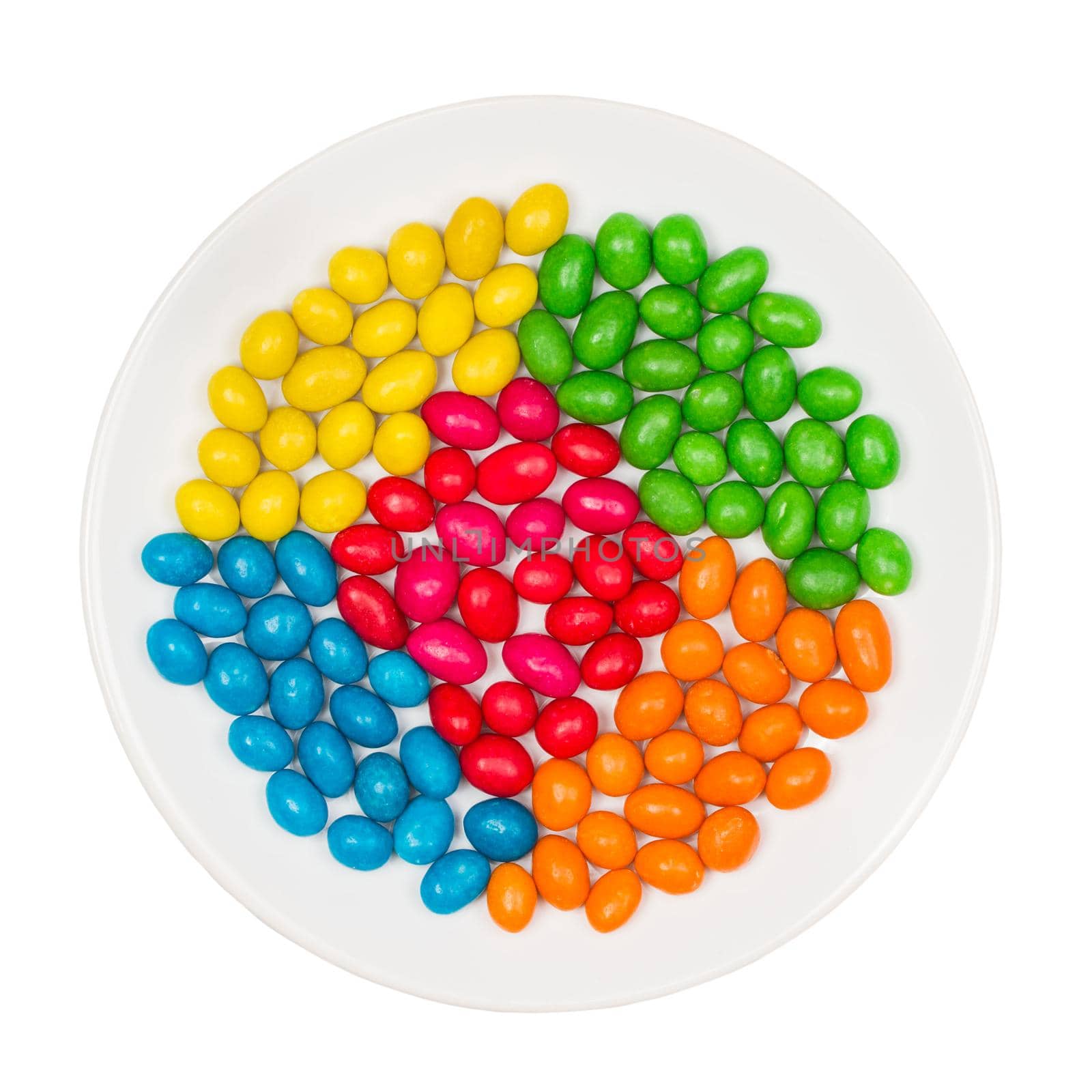 White plate full of sweet colorful candy isolated on a white background. Close-up of colorful candy