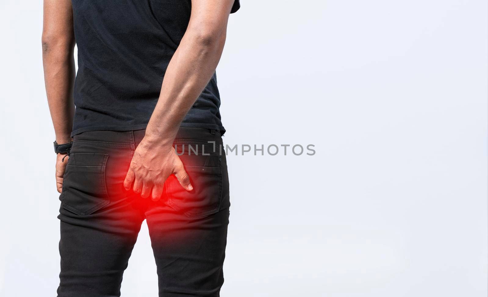 People with hemorrhoid problem on isolated background, Person with digestive problem touching his buttock, Man with diarrhea problem