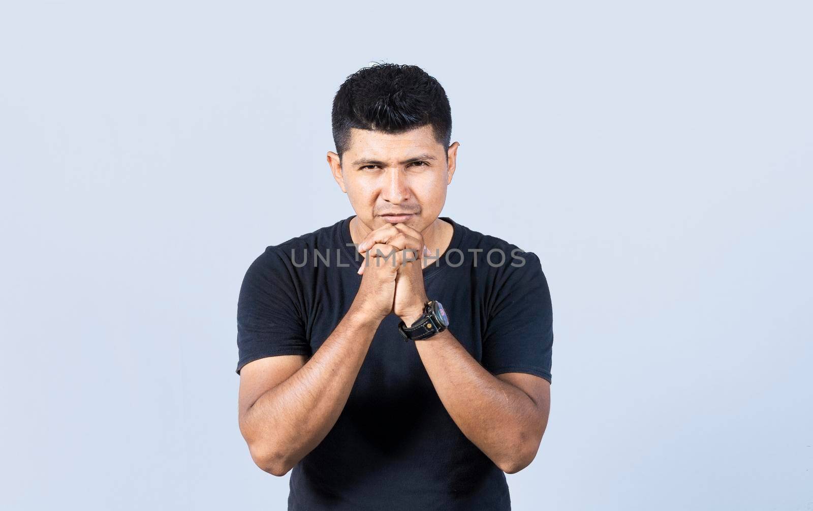 People putting hands together asking please, worried man apologizing, Hopeful man asking for help or apologizing, man thanking for forgiveness, Man asking please