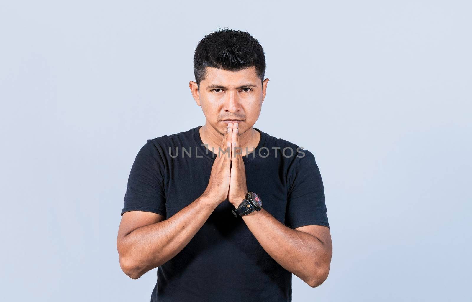 People putting hands together asking please, worried man apologizing, Hopeful man asking for help or apologizing, man thanking for forgiveness, Man asking please