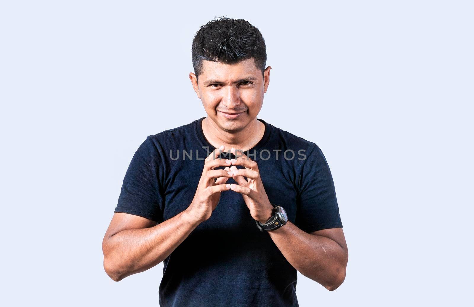 Person rubbing his hands planning something, Cunning man rubbing his hands on isolated background, concept of cunning man planning something