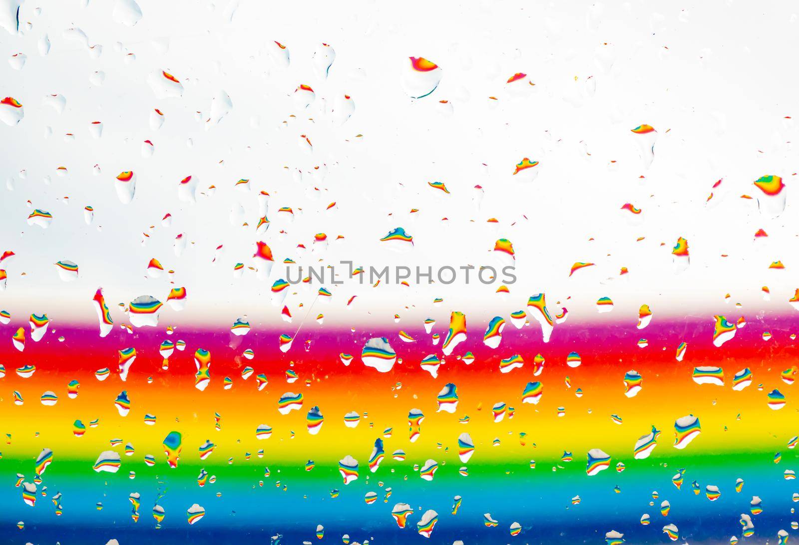 abstract colorful horizontal rainbow background with water drops on a glass with bubbles