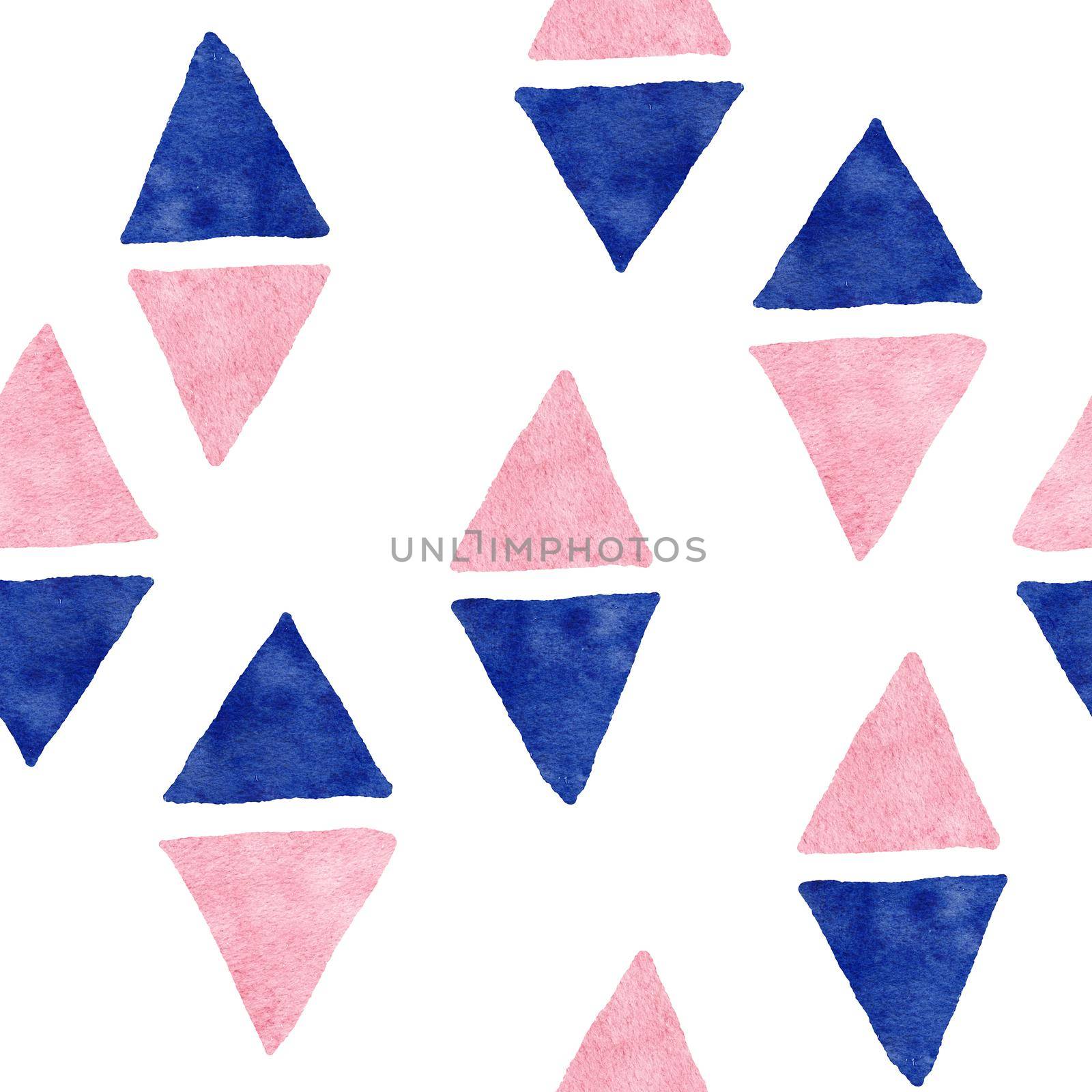 Hand drawn watercolor seamless pattern with navy blush boho elements. Bohemian blue pink fabric print, indigo rose geometric abstract shapes, ethnic design. For wedding invitation, gender reveal cards decor wallpaper. by Lagmar