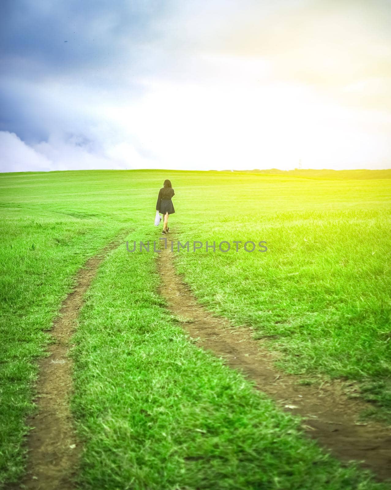 woman walking in the field with shopping bags, woman walking on a road in the field by isaiphoto