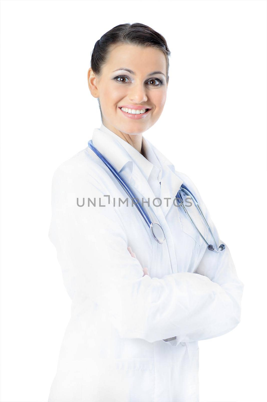 Attractive woman doctor. Isolated on a white background.