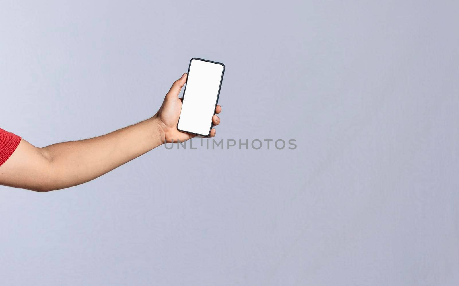 Hand with cell phone isolated, hand showing cell phone isolated, one hand showing cell phone screen isolated by isaiphoto