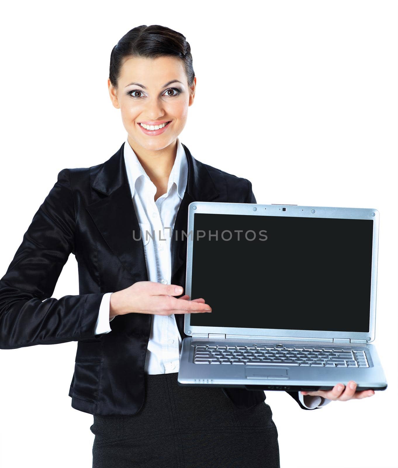 Аttractive woman with laptop in hands smiling, isolated in white background.