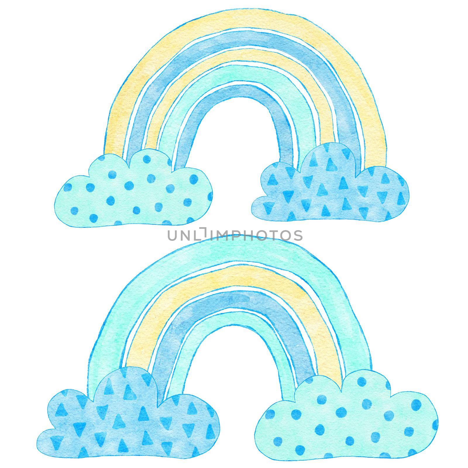 Watercolor hand drawn illustration of blue yellow rainbows in clouds. Boy baby shower design for invitations greeting party, nursery clipart is soft pastelcolors modern minimalist print for kids children