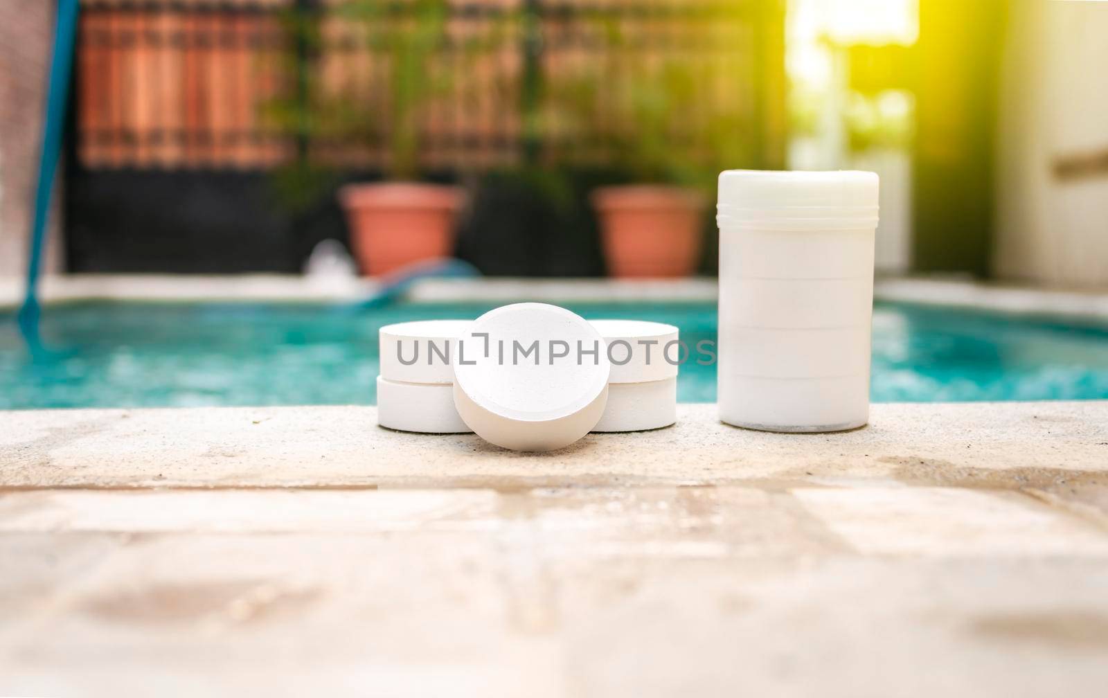 Close up of chlorine tablets for pool cleaning, chlorine tablets to clean pools, concept of chlorine tablets to sanitize pools
