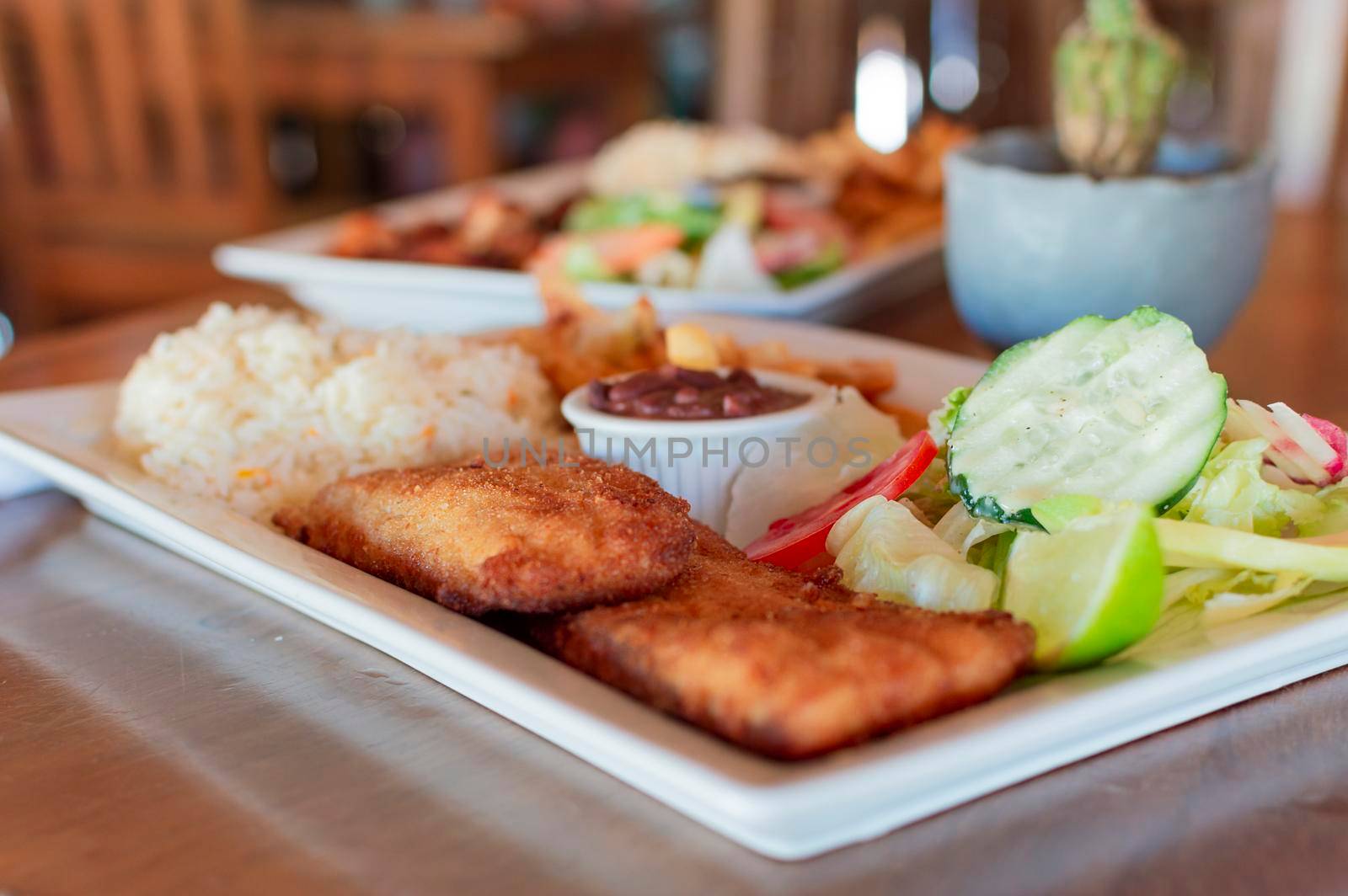 Breaded chicken with salad on wooden table with COPY SPACE, Close up of chicken fillet with salad, rice and beans