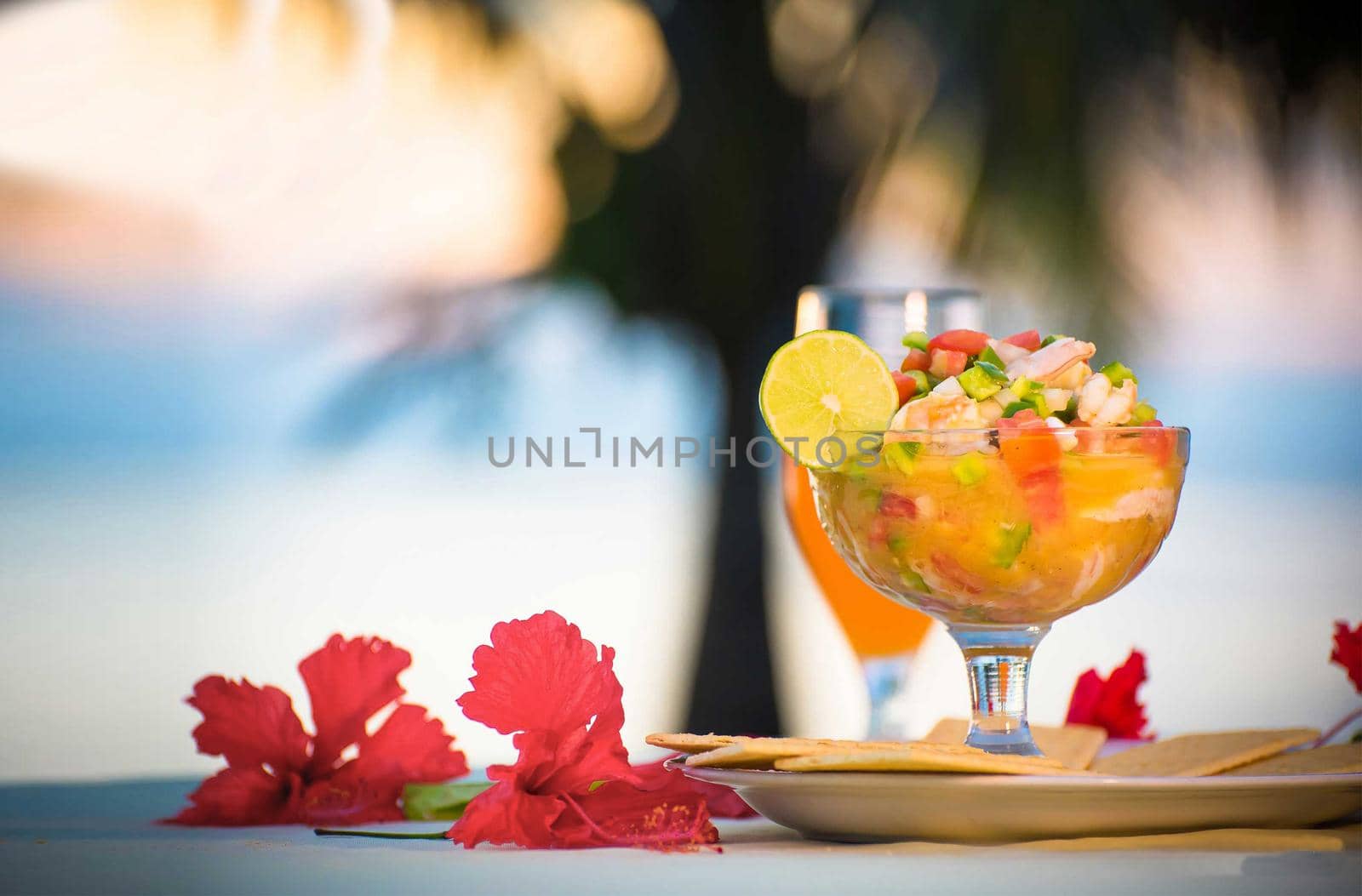 Nicaraguan food, shrimp ceviche with fruit cocktail drink, Nicaraguan palate