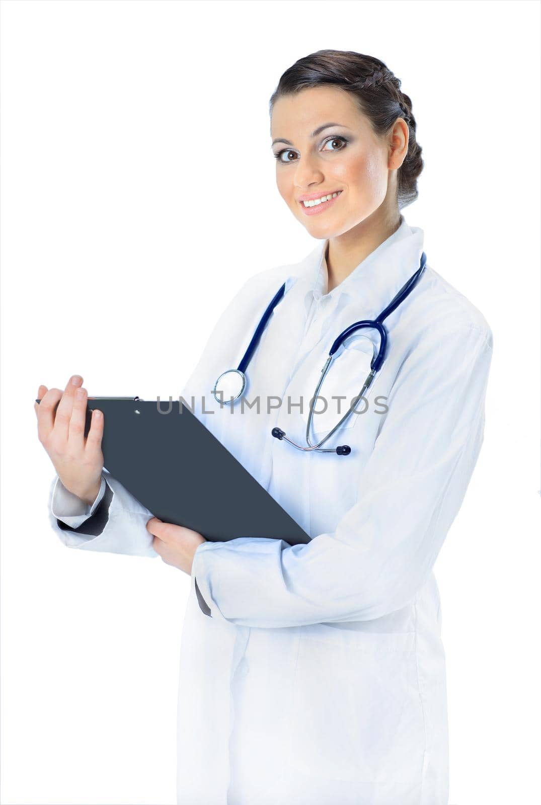 Attractive woman doctor with the results of the study. Isolated on a white background.